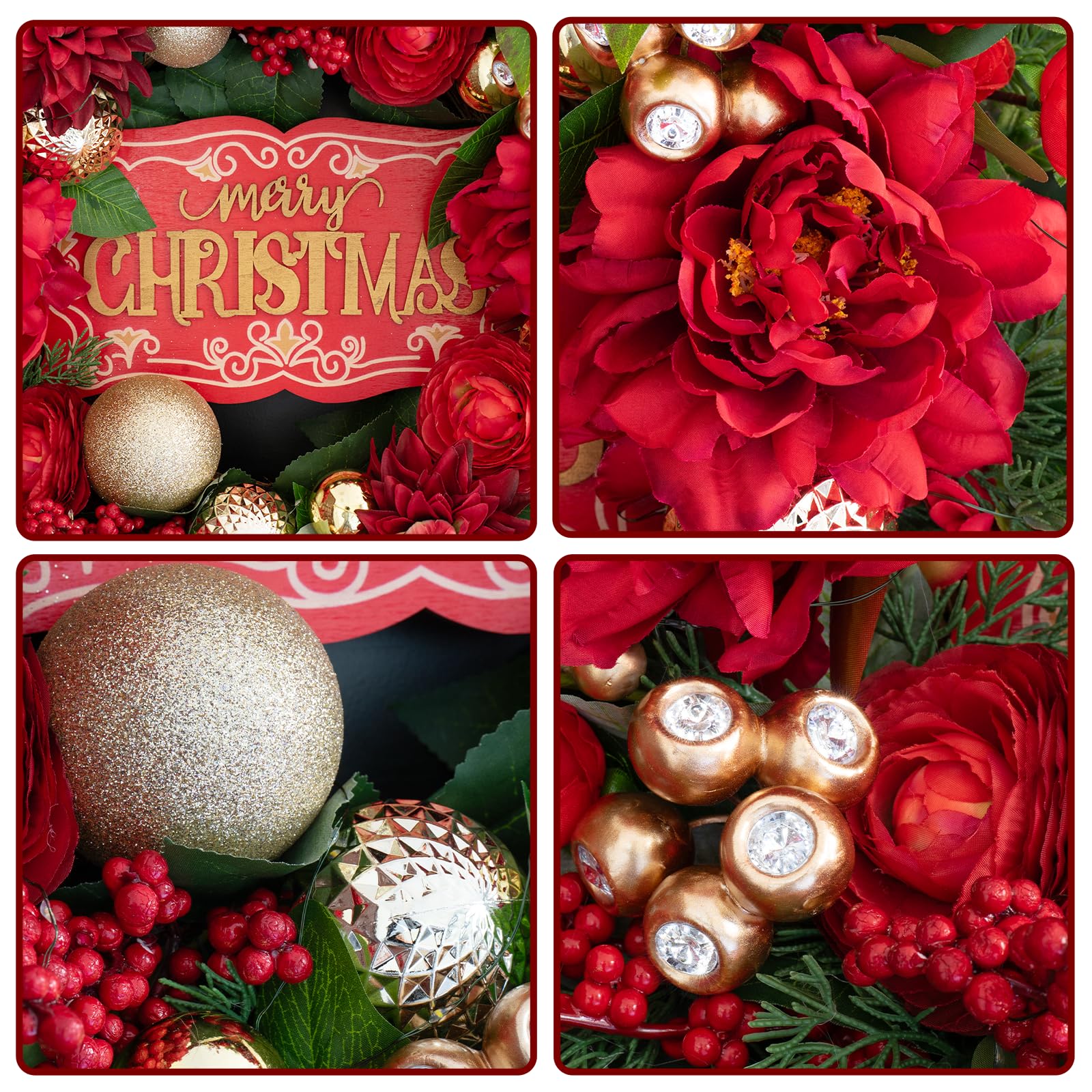 Christmas Wreaths for Front Door 24 Inch Christmas Wreath with Red Flowers, Berries, Gold Ornaments and LED Lights,Holiday Wreat