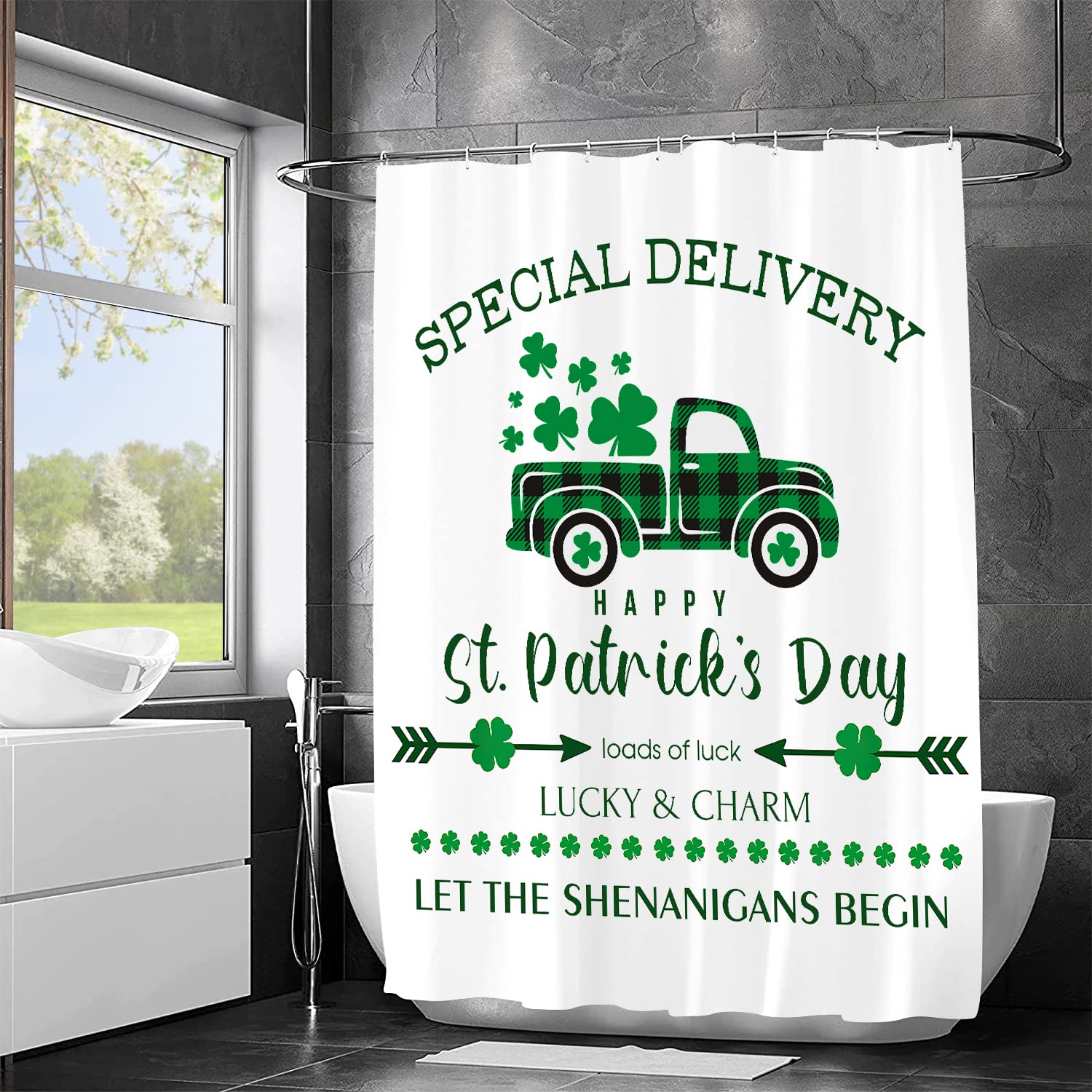Jbralid Happy St Patrick'S Day Shower Curtain Buffalo Check Plaid Clover Truck Loads Of Luck Lucky And Charm Bath Curtain Farmho