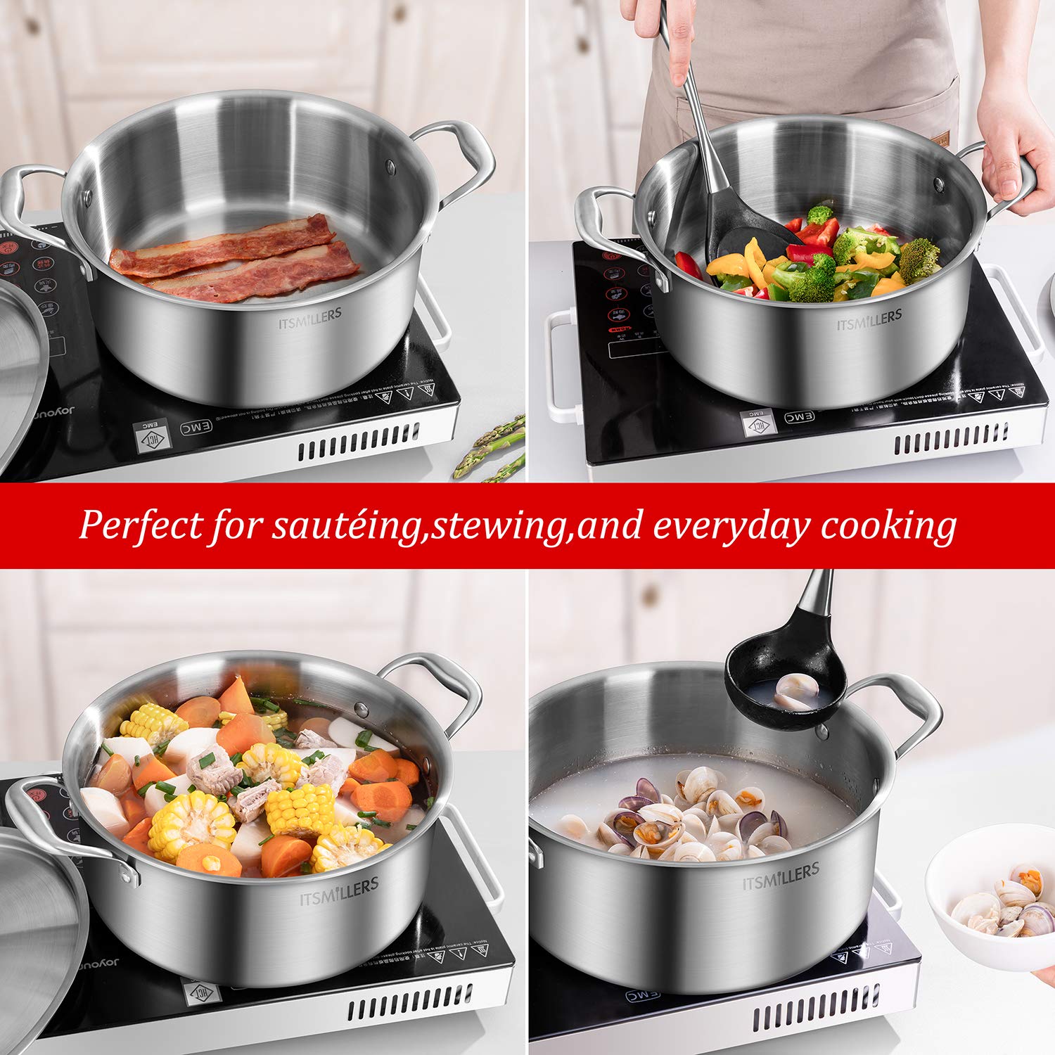 Itsmillers Gourmet Tri-Ply Stainless Steel Stockpot, Nickel Free Soup Pot, 7Qt With Lid, Dutch Oven Cooking Pot, With Silicone O