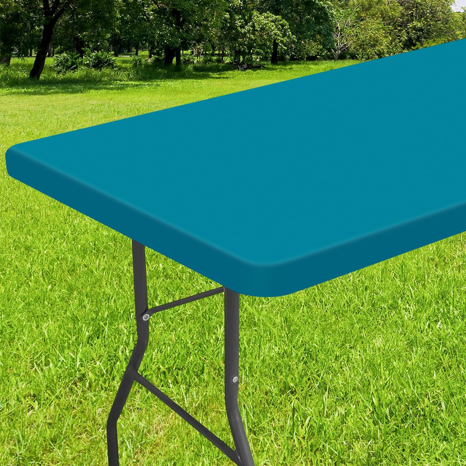 Smiry Rectangle Tablecloth, Elastic Fitted Flannel Backed Vinyl Tablecloths for 8ft Folding Tables, Waterproof Wipeable Table Co