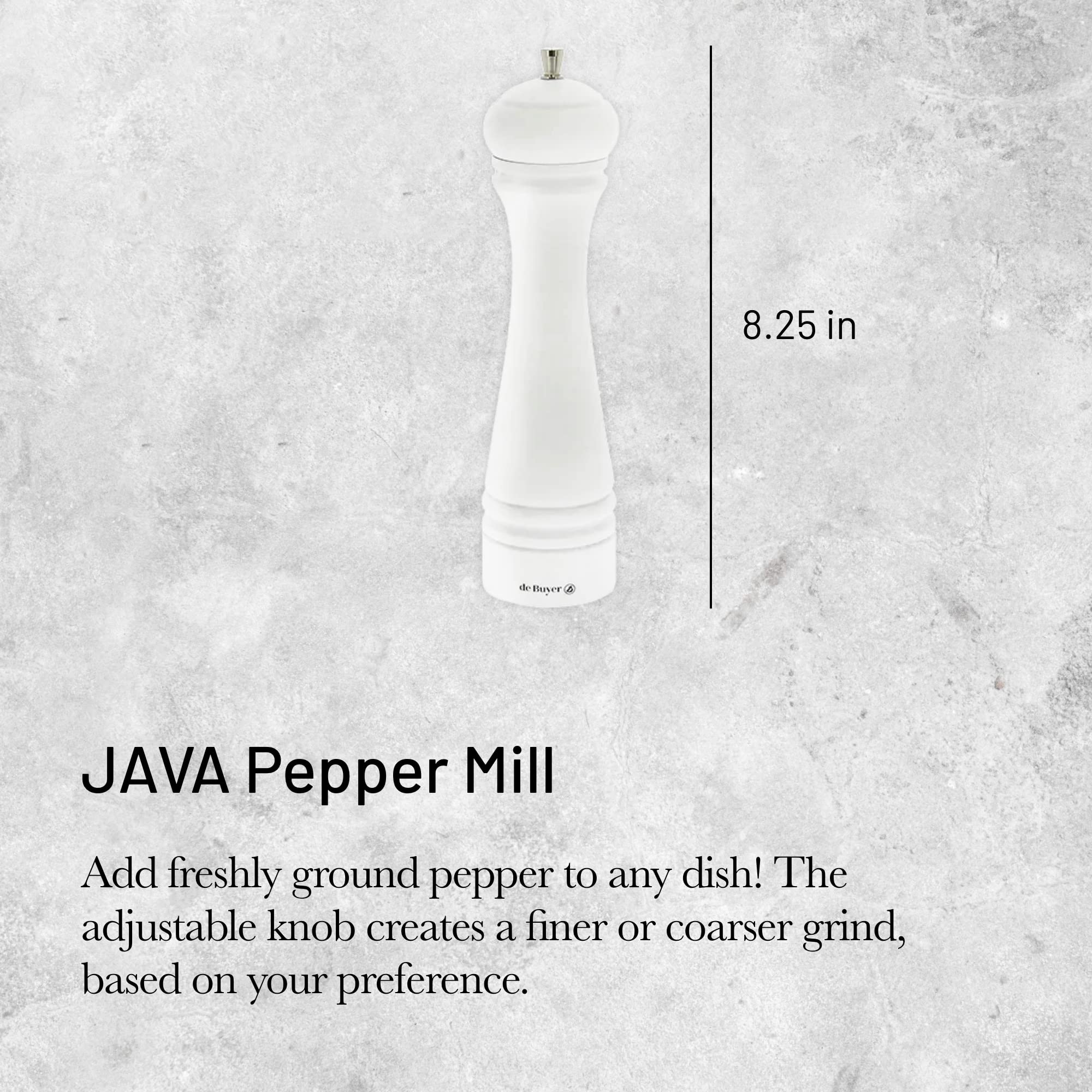 De Buyer Java Pepper Mill, Matte White - 8.25    - Stainless Steel & Beechwood - Includes Knob To Adjust Grind Size - Corrosion