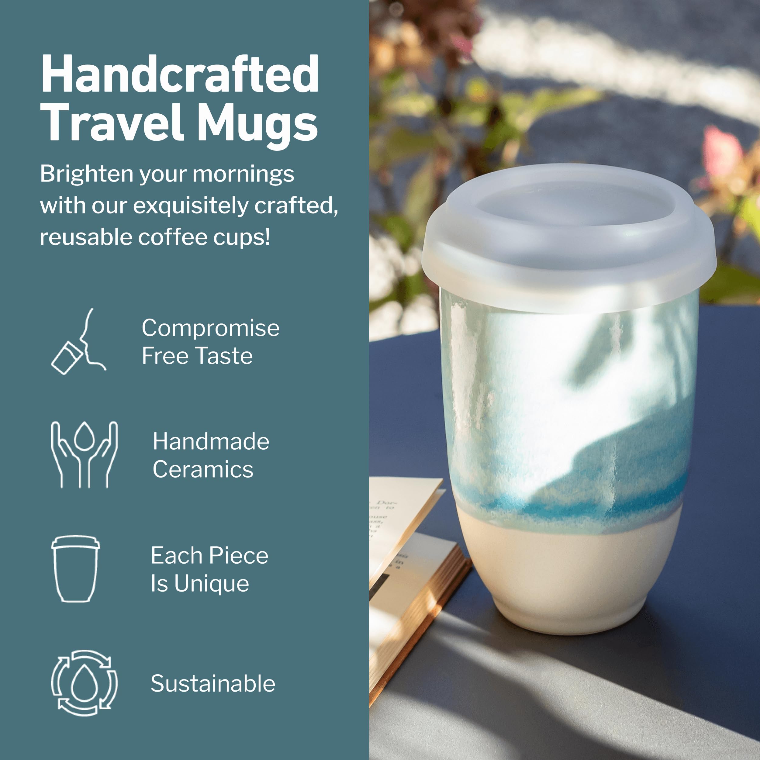 Nova Ceramics Travel Mug - Portable Coffee To Go Mug Microwave & Dishwasher Safe Coffee Cups Reusable - Gifts For Women Men Him