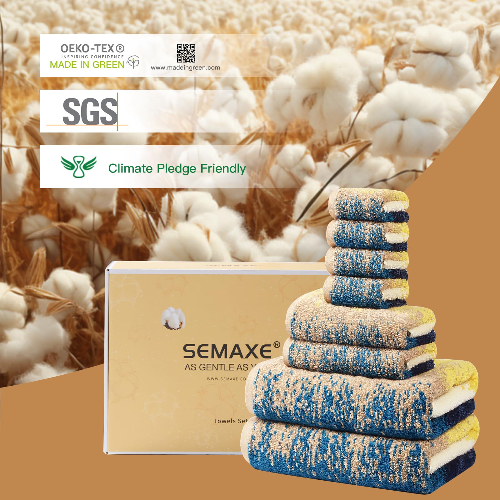 Semaxe Bath Towel Set, 100% Cotton Bathroom Towels With Hanging Loops And Lifecycle Labels, 8 Piece Towel Set Include 2 Bath Tow