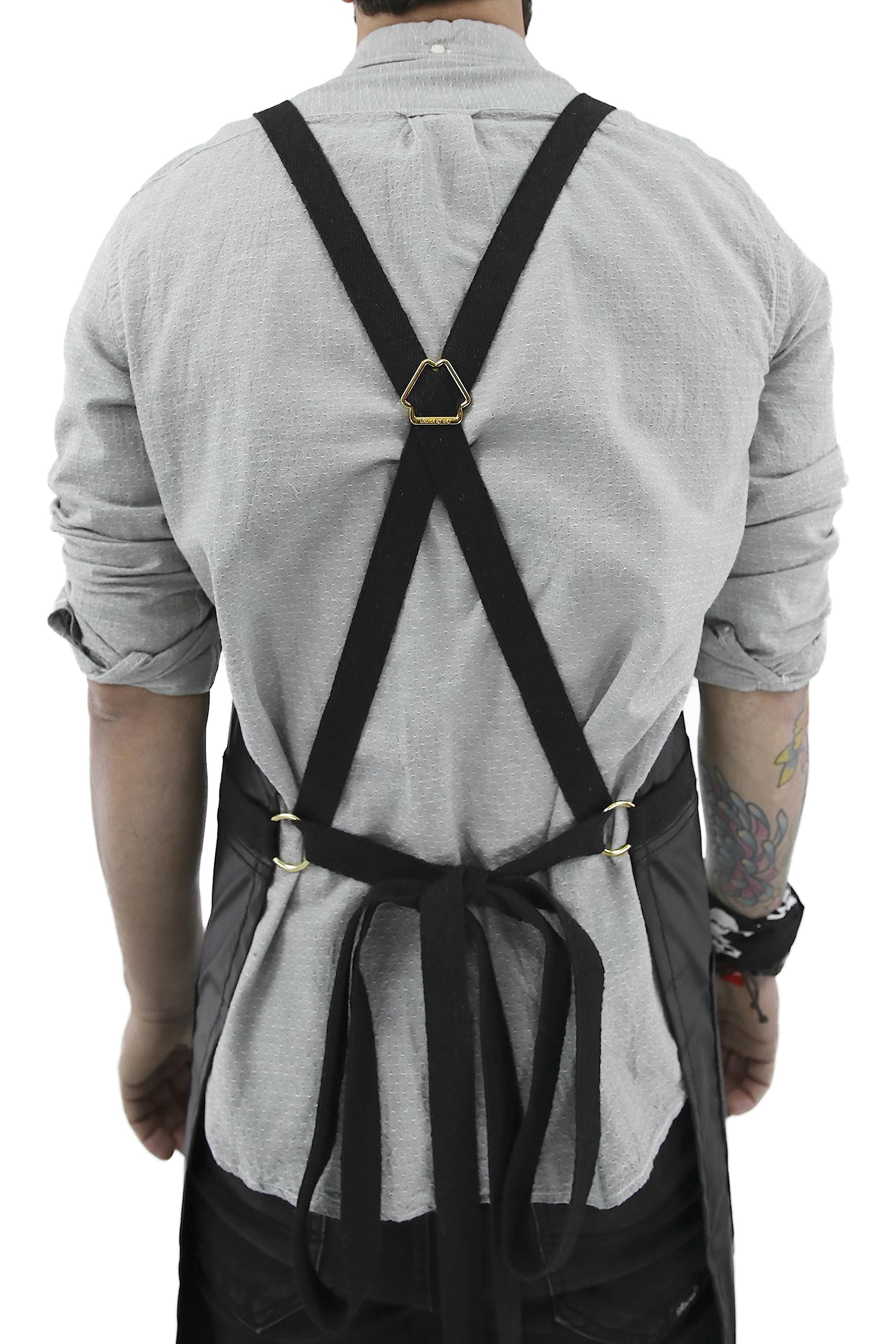 Under Ny Sky Cross-Back Black Apron - Golden Hardware, Coated Twill, Leather Reinforcement, Split-Leg - Adjustable For Men, Wome