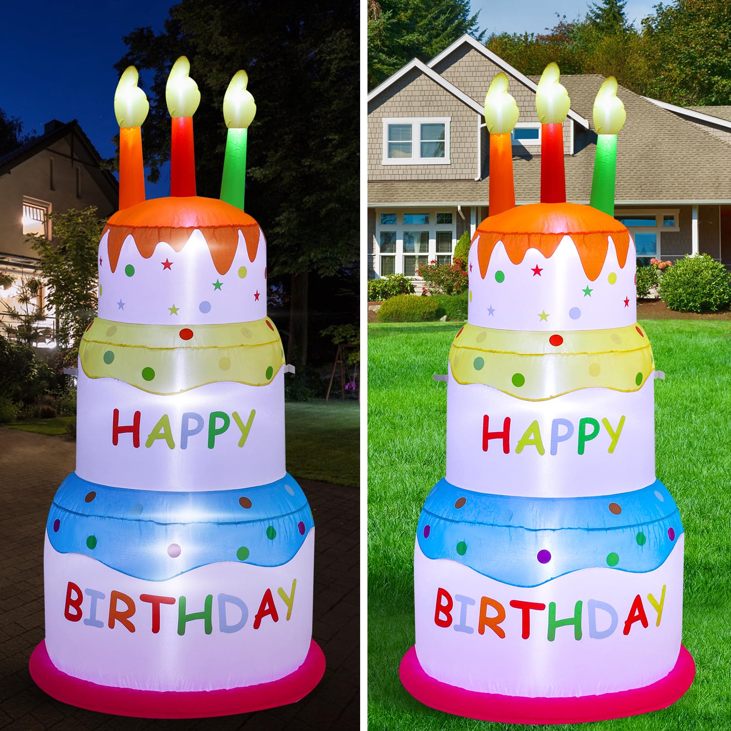 InfleasJoiy 6FT Happy Birthday Inflatable Cake with Candles, Built-in LED Lights, Suitable for Indoor Outdoor Yard Lawn Decorati