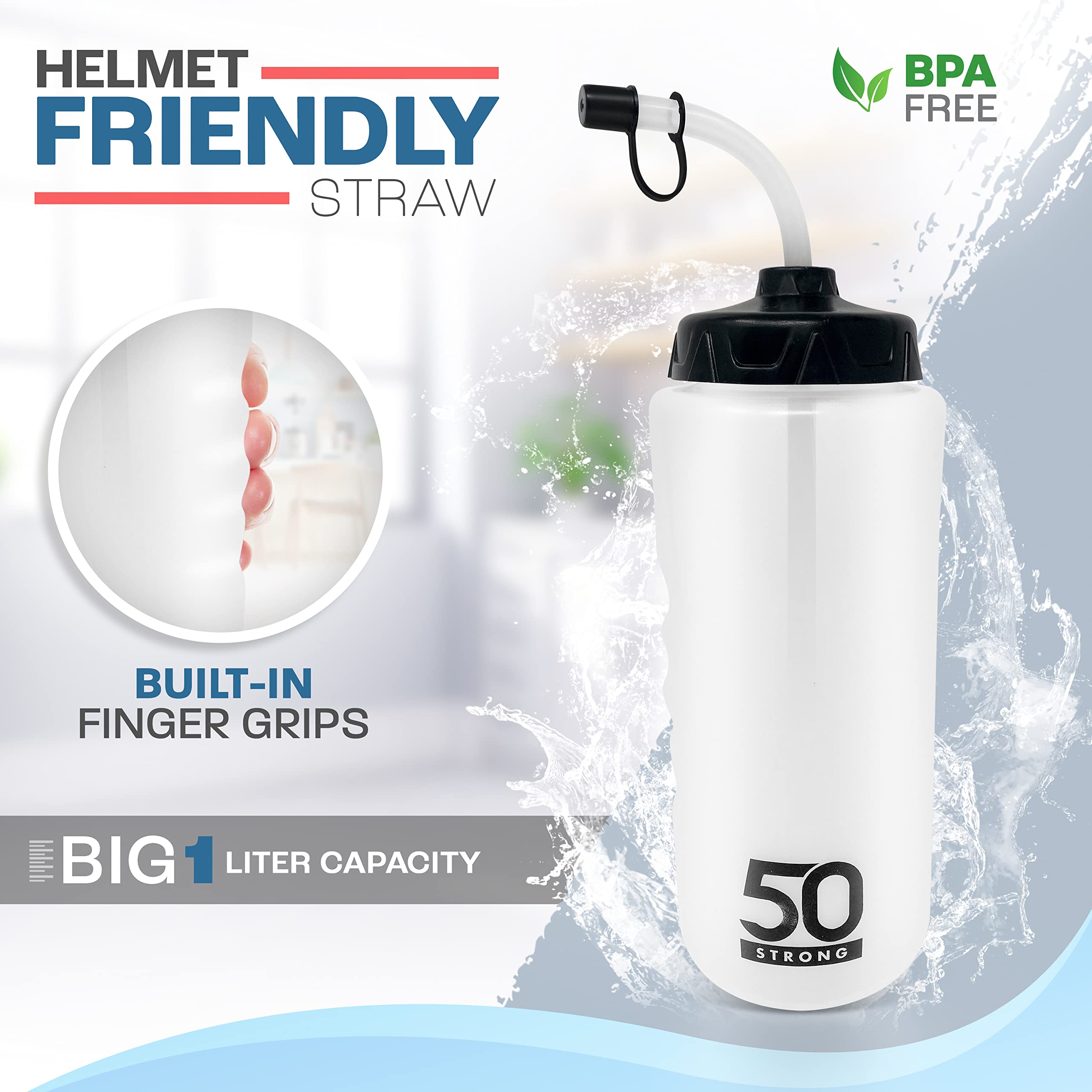 1 Liter Water Bottle with Straw  Hockey Water Bottle with Long Straw  Easy Squeeze Bottles + Built In Finger Grip  BPA-Free Sports Water Bottle for Football  Lacrosse & Boxing  Made in USA