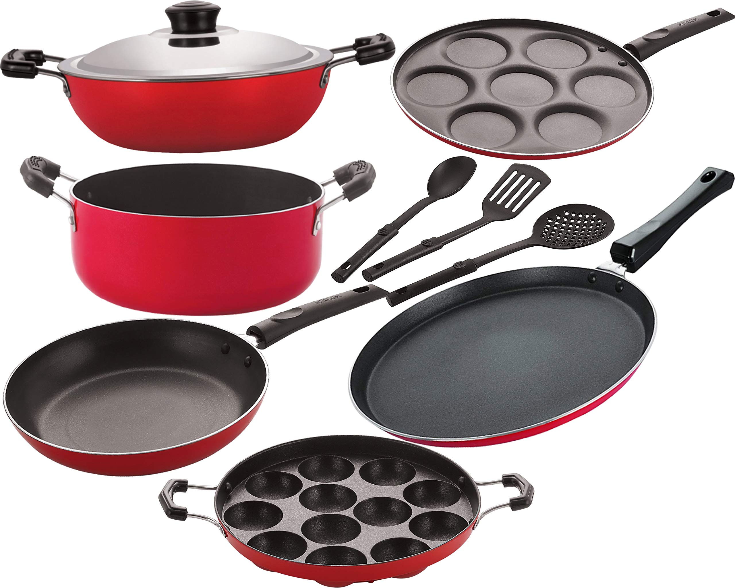 Nirlon Kitchen Accessories For Cooking Non Stick Aluminium Cookware Gift Set, 9 Piece,Red [26_Ft12_Dkdb_Ap_Up_Cass20_Tp24_3Spn]