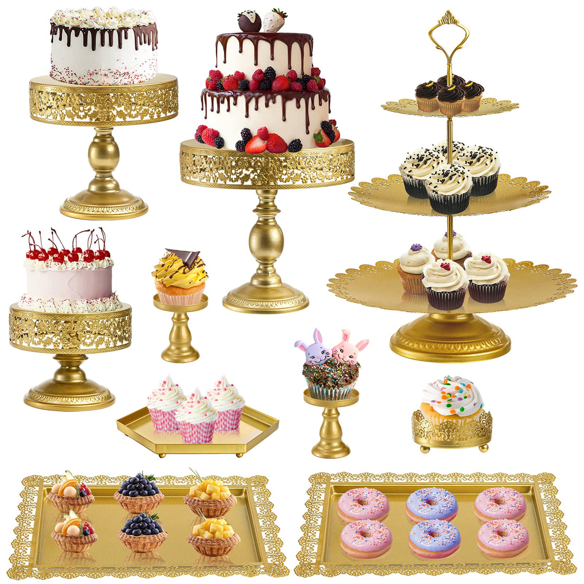 Jucoan 10 Pieces Gold Metal Cake Stand Set, Cupcake Holder Pastry Candy Fruits Serving Plate, Gold Dessert Table Stands And Tray