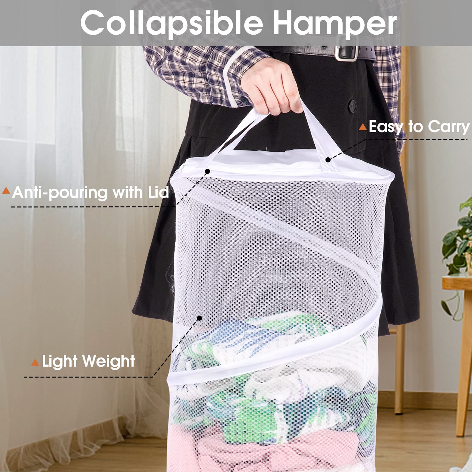 Battoo Large Collapsible Laundry Basket With Lid Foldable Mesh Pop Up Hamper With Handles For Laundry Room, Bathroom, Kids Room,