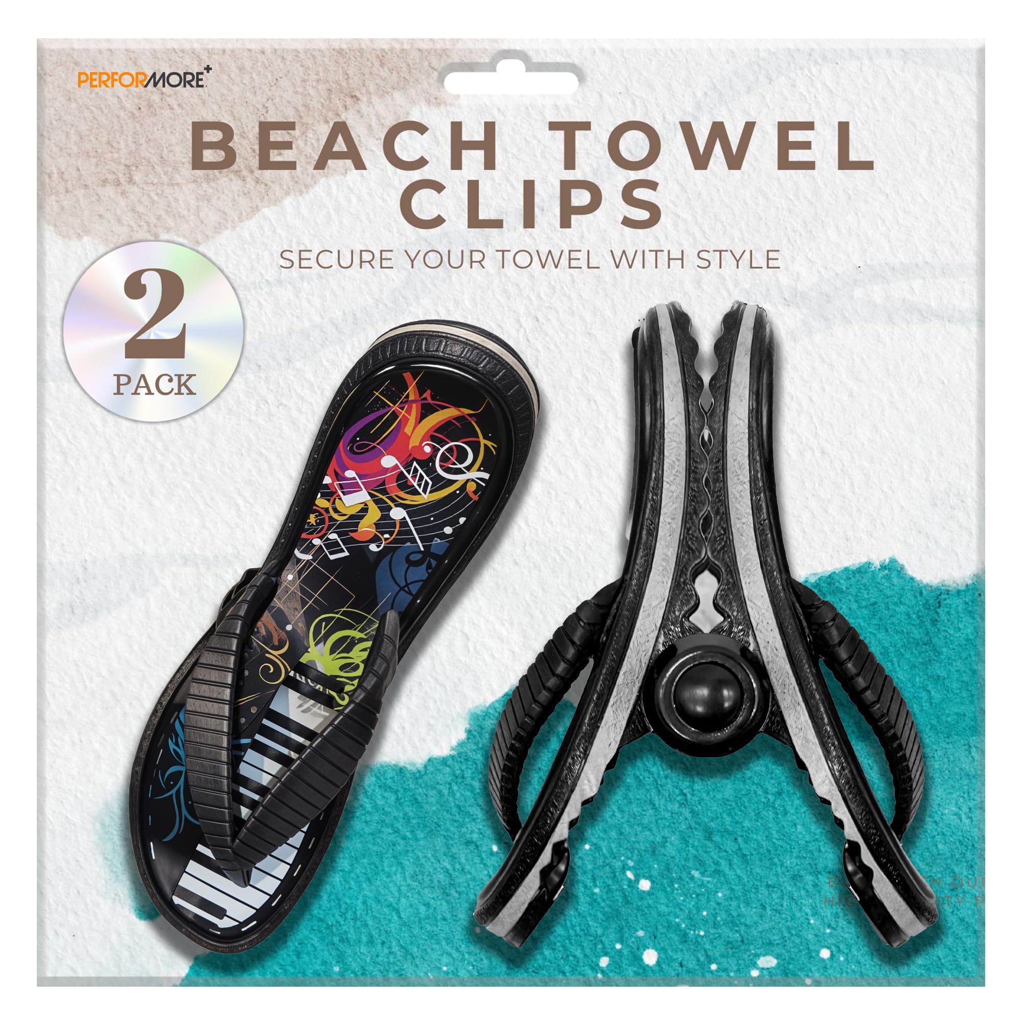 PERFORMORE Flip Flop Beach Towel Clips (Black)  Set of 2  Portable Towel Holder Clips  Secure Clips for Beach Chairs Deck Patio Pool Boat Cruise Lounge Chair Accessories