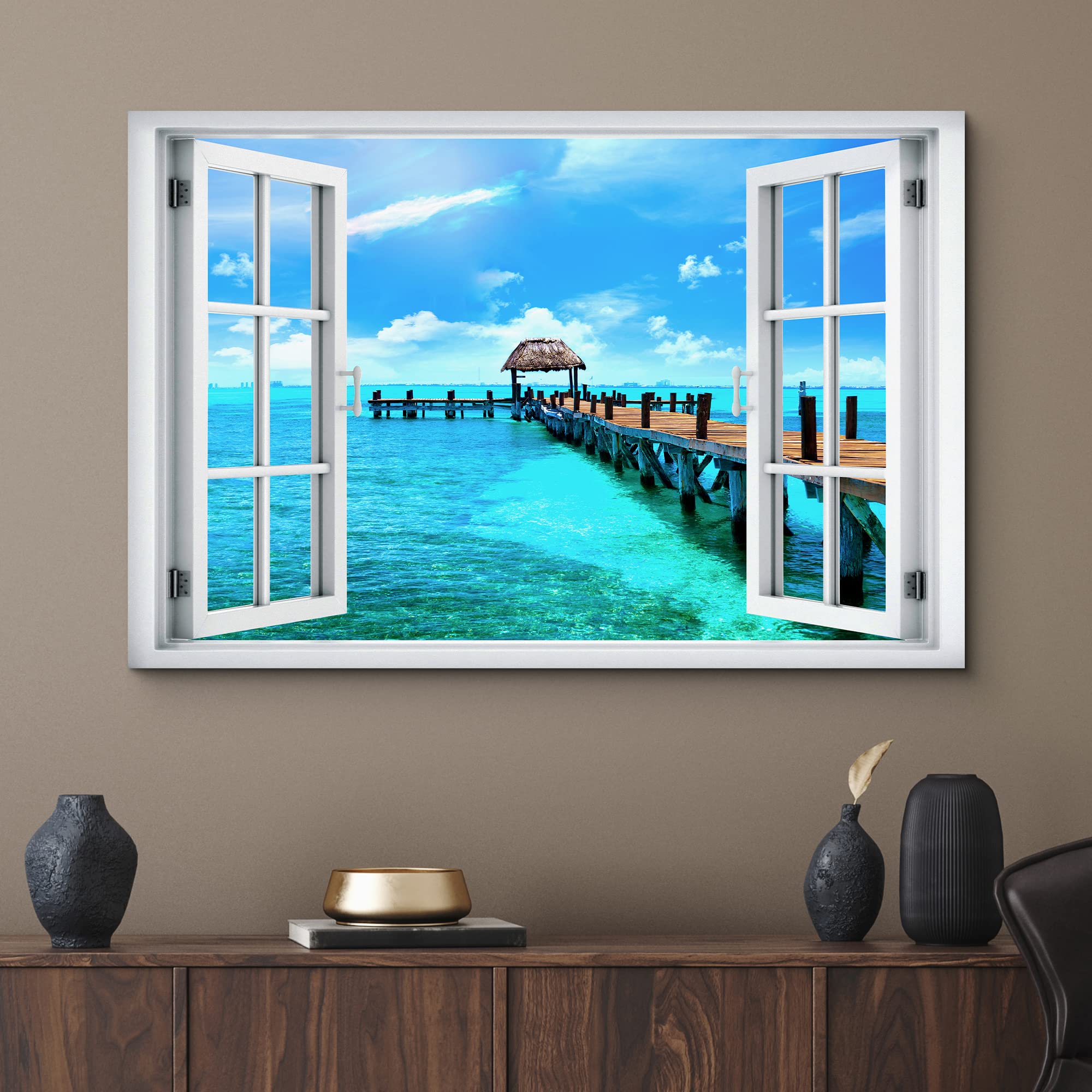 Wall26 Canvas Print Wall Art Window View Tropical Island Beach Pier Hawaii Tahiti Wilderness Nature Photography Realism Scenic L