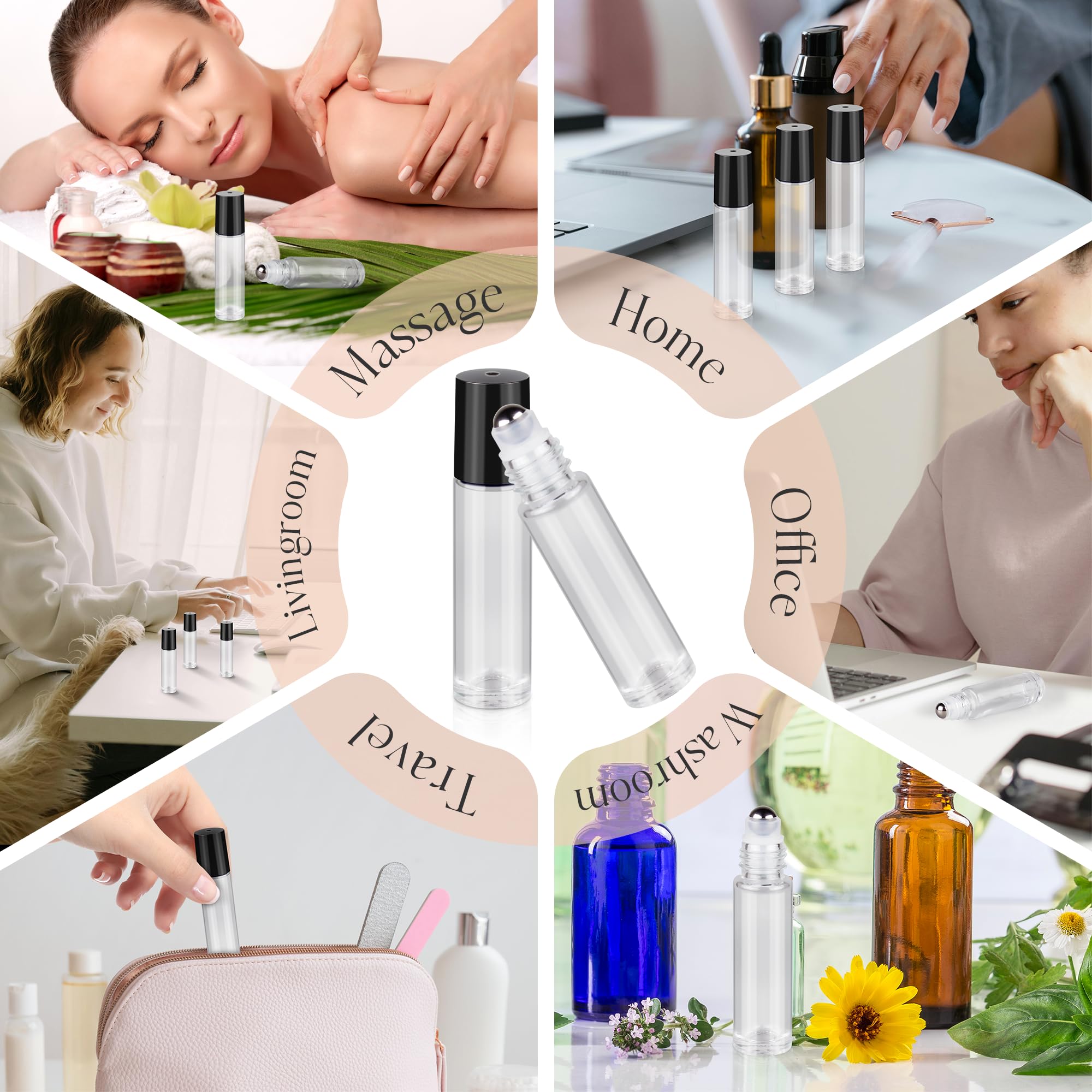 Zejia 10Ml Roller Bottles For Essential Oils, 24 Pack Clear Roll On Bottles, Thick Glass Roller Bottles For Oils, With Stainless