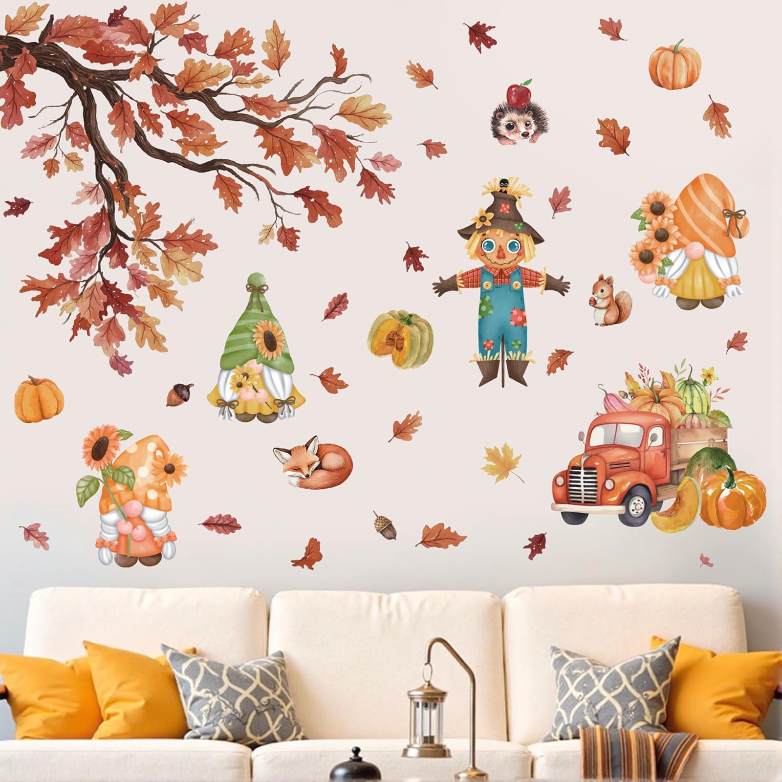 Celestdeco Thanksgiving Window Decorations,Thanksgiving Fall Wall Sticker,Fall Maple Leaves Window Clings,Scarecrow Stickers for