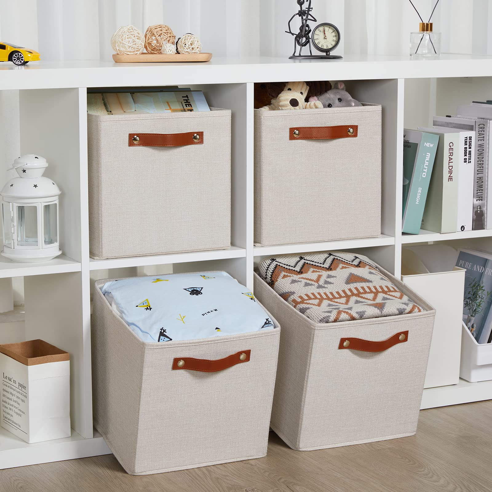 HNZIGE Foldable Storage Cubes Bins for Organizing  Set of 4  Fabric Cube Canvas Storage Bins 11 x11  Collapsible Bins for Organization with Handles for Shelf Nursery(Beige)