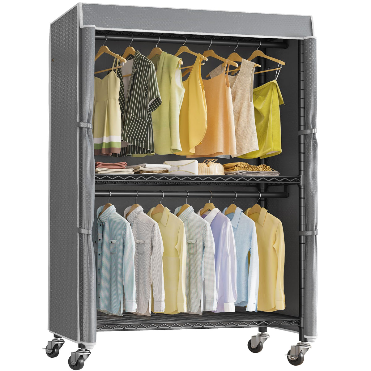 Vipek V12C Heavy Duty Rolling Garment Rack With Cover Clothing Rack For Hanging Clothes Portable Closets With Adjustable 3 Wire