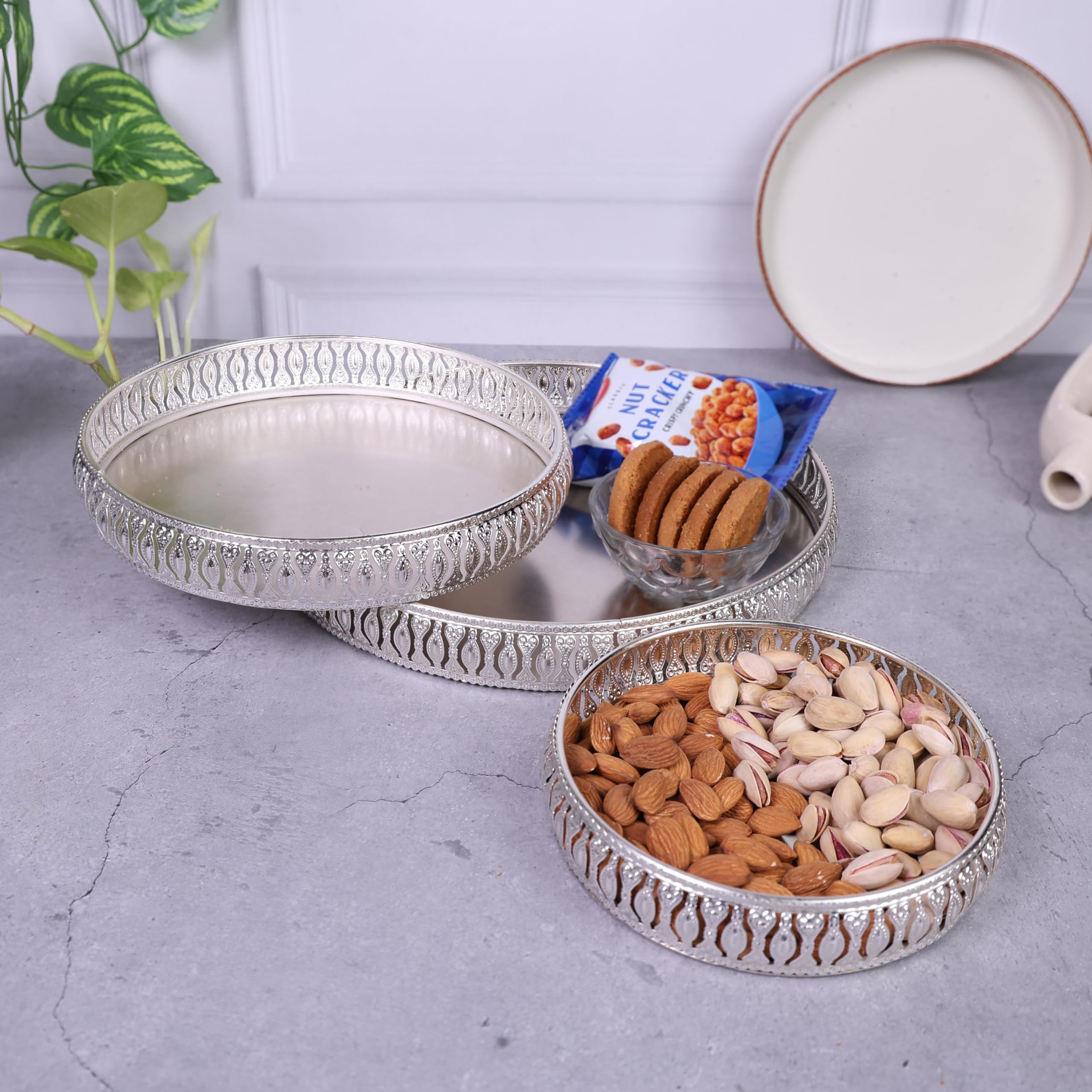 Design Decor Gallery German Silver Plated Tray Set Of 6 Inch,8 Inch And 10 Inch,Wedding Gift Home Decor Table Decor Make Up Orga