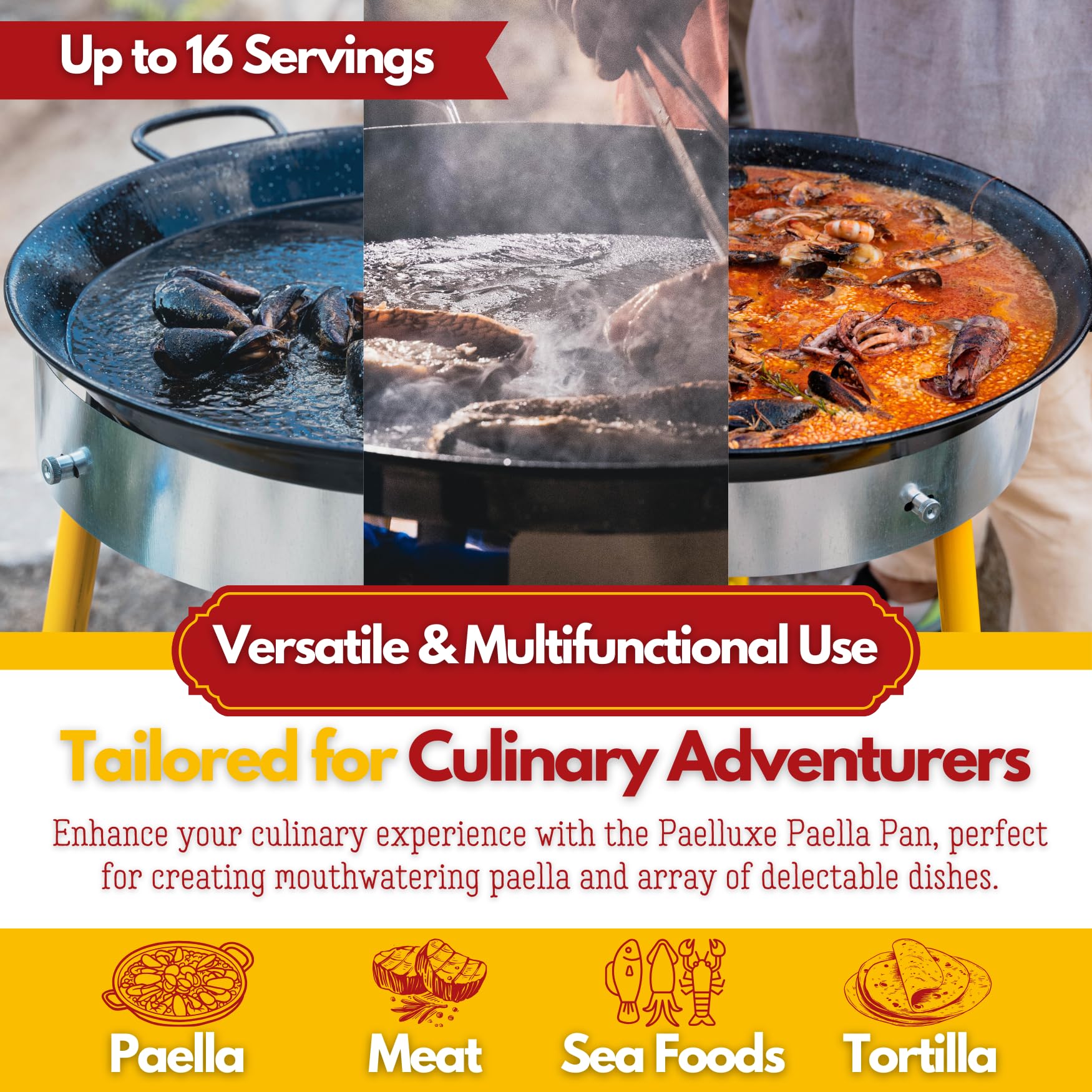 Paelluxe 22 Inch Paella Pan 16 Servings - Enamelled No Rust Easy To Clean Steel Pan Propane - Gas Burners For Cooking - Indoor &