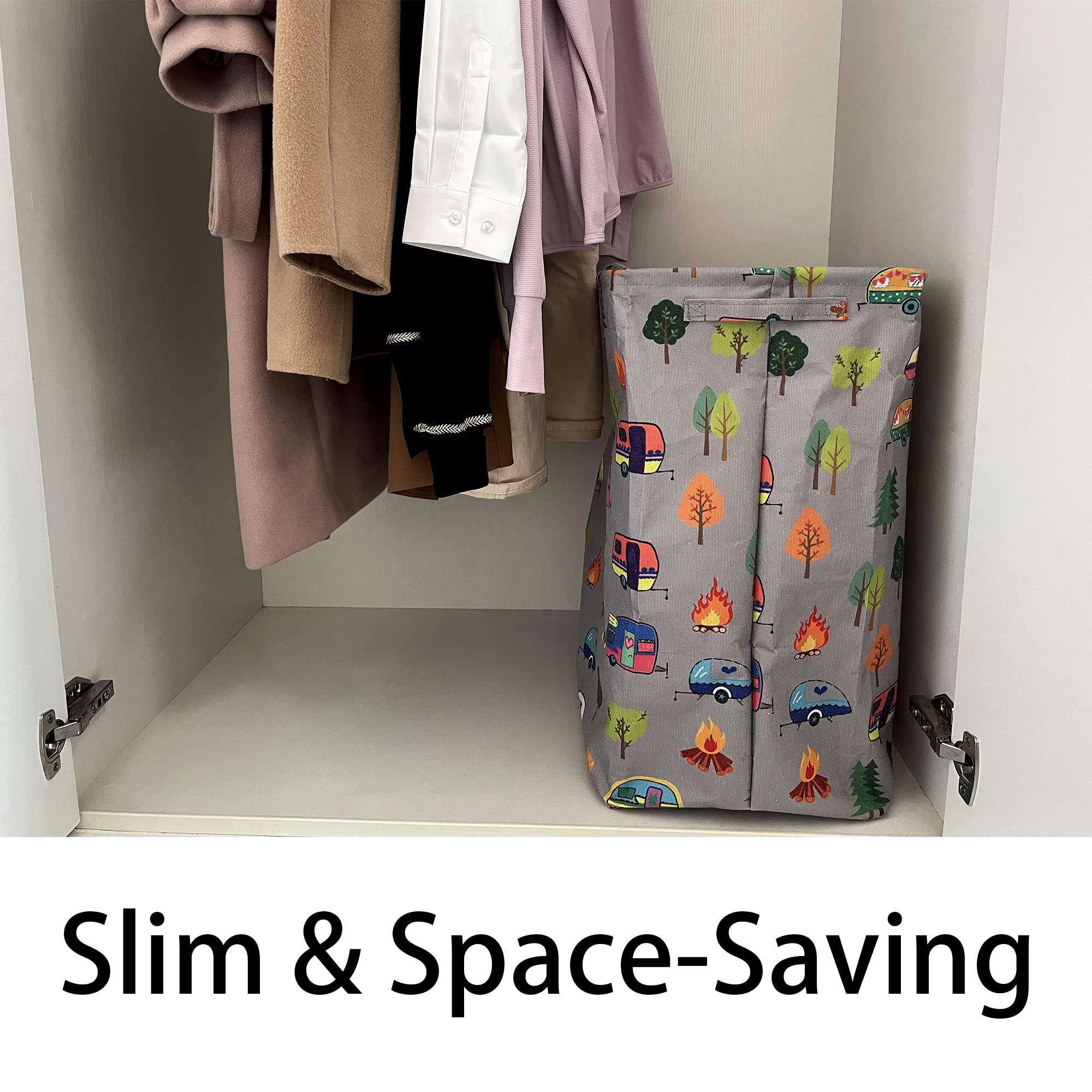 Kay&J Collapsible 60L Laundry Hamper, Slim And Tall Laundry Basket, Long Handles For Portability, Great For Home And Camper Use,