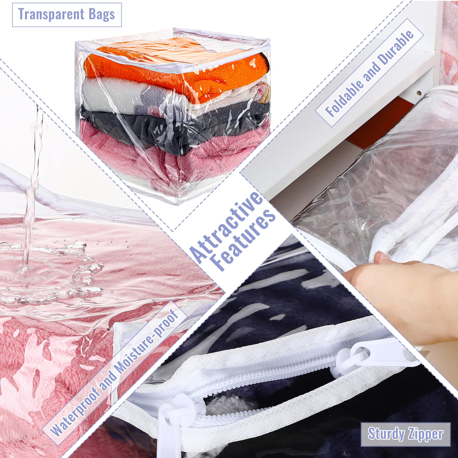 6 Packs Clear Zippered Storage Bags Sweater Storage Bags Plastic Storage Bags for Blankets Clothes Bed Sheet Organizer with Zipp