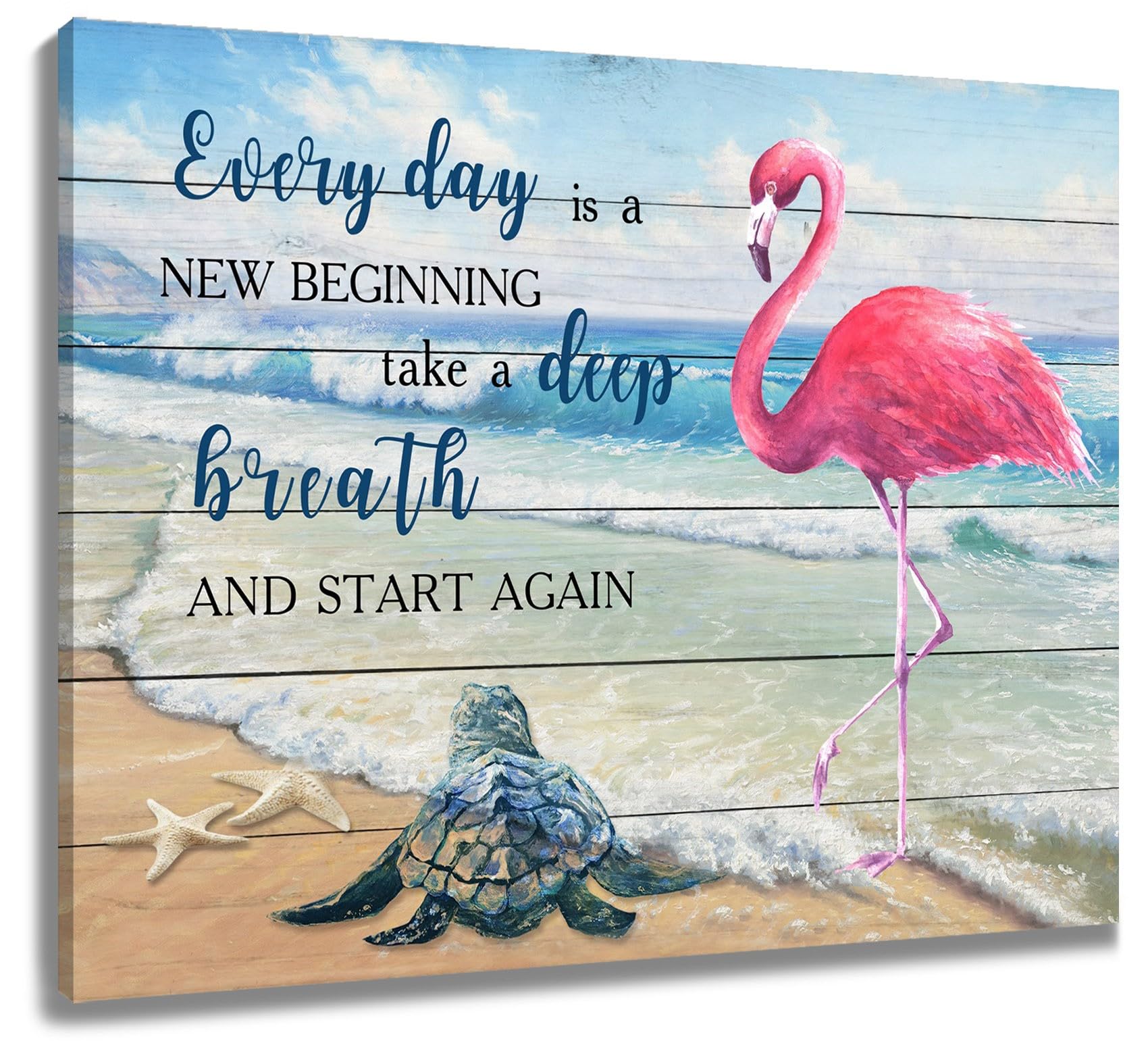 Lb Tropical Ocean Wall Art Pink Flamingo Sea Turtle Coastal Beach Wooden Framed Canvas Prints Inspirational Farmhouse Wall Decor