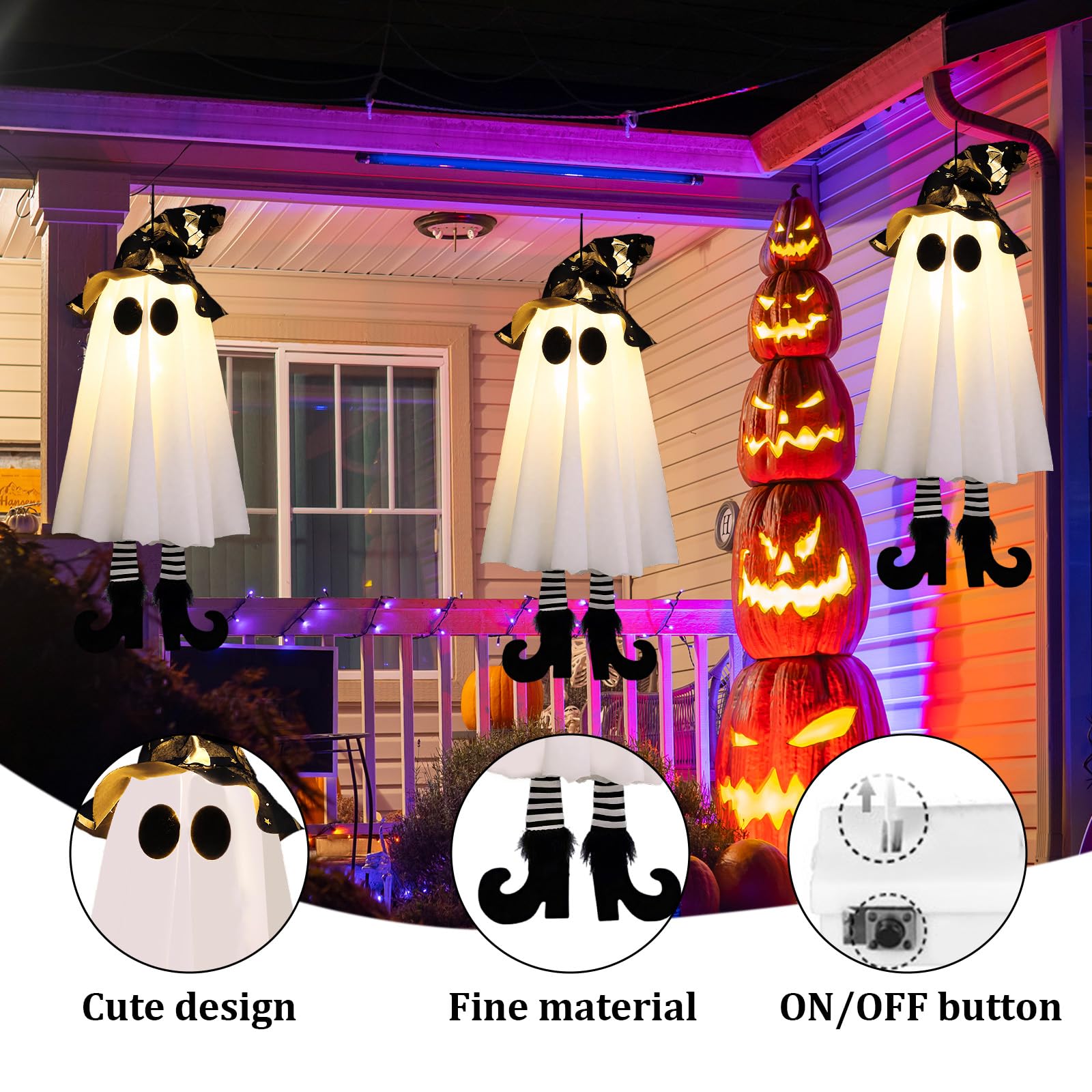 3 Packs Hanging Ghosts Halloween Decor, Halloween Decorations Outdoor with Witch Hat,Glowing Ghost Witch Hat Lights, Ghost Decor