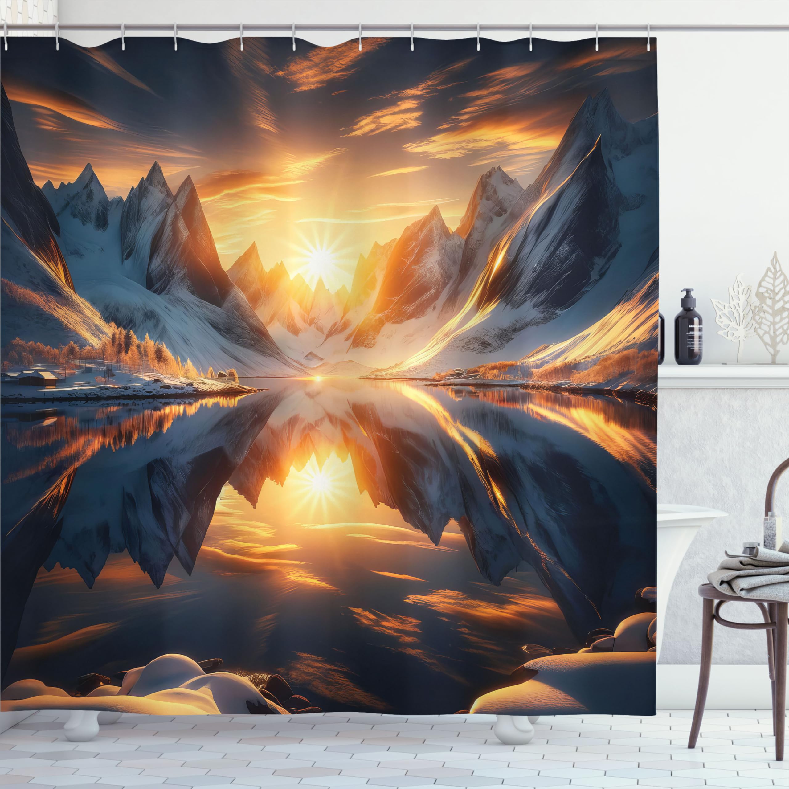 Ambesonne Lake Shower Curtain, Symmetric Reflection Of Nature With Snowy Mountains Dramatic Sunset Scenery, Cloth Fabric Bathroo