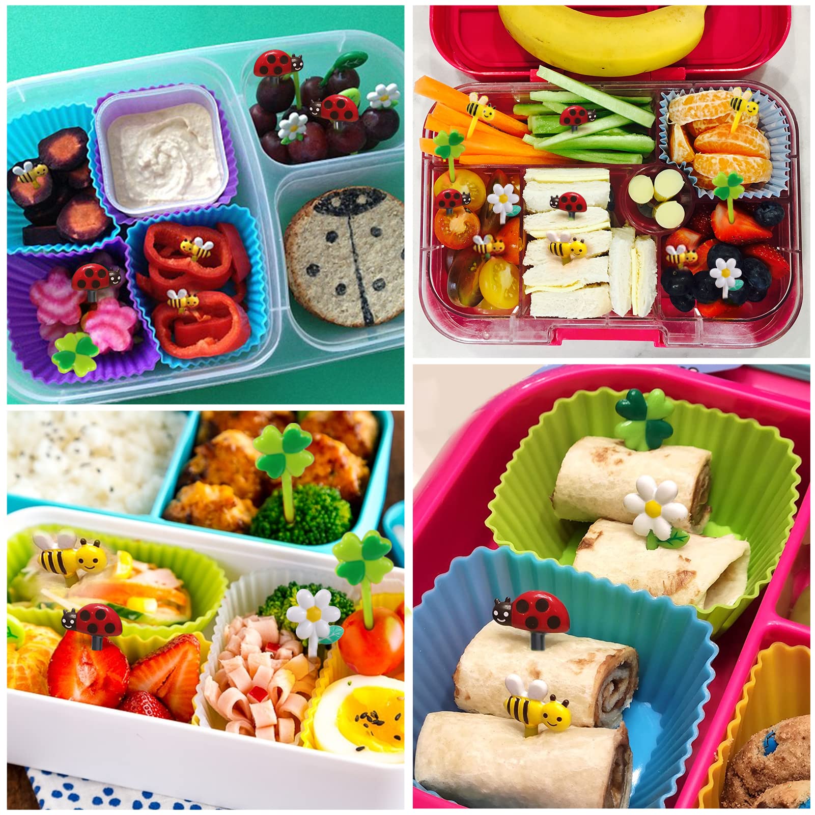Aiersa Food Picks For Kids Bento Box, 16Pcs Reusable Bees, Daisy, Four Leaf Clover, Ladybug Food Fruit Picks, Lunch Bento Box Ac