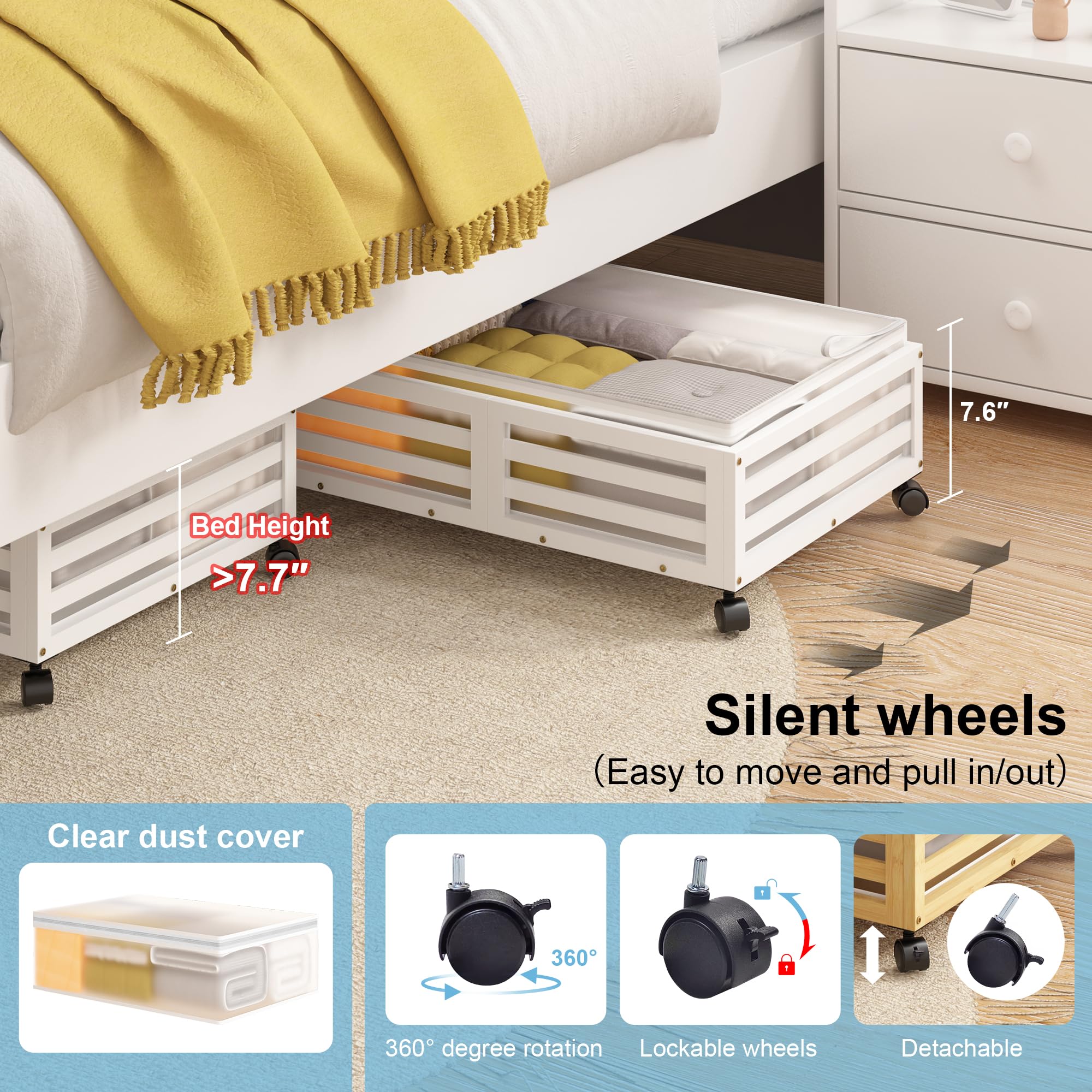 Under Bed Storage Containers - Bamboo Underbed Storage with Dust Bags | Under Bed Storage with Wheels | Stackable Under Bed Shoe