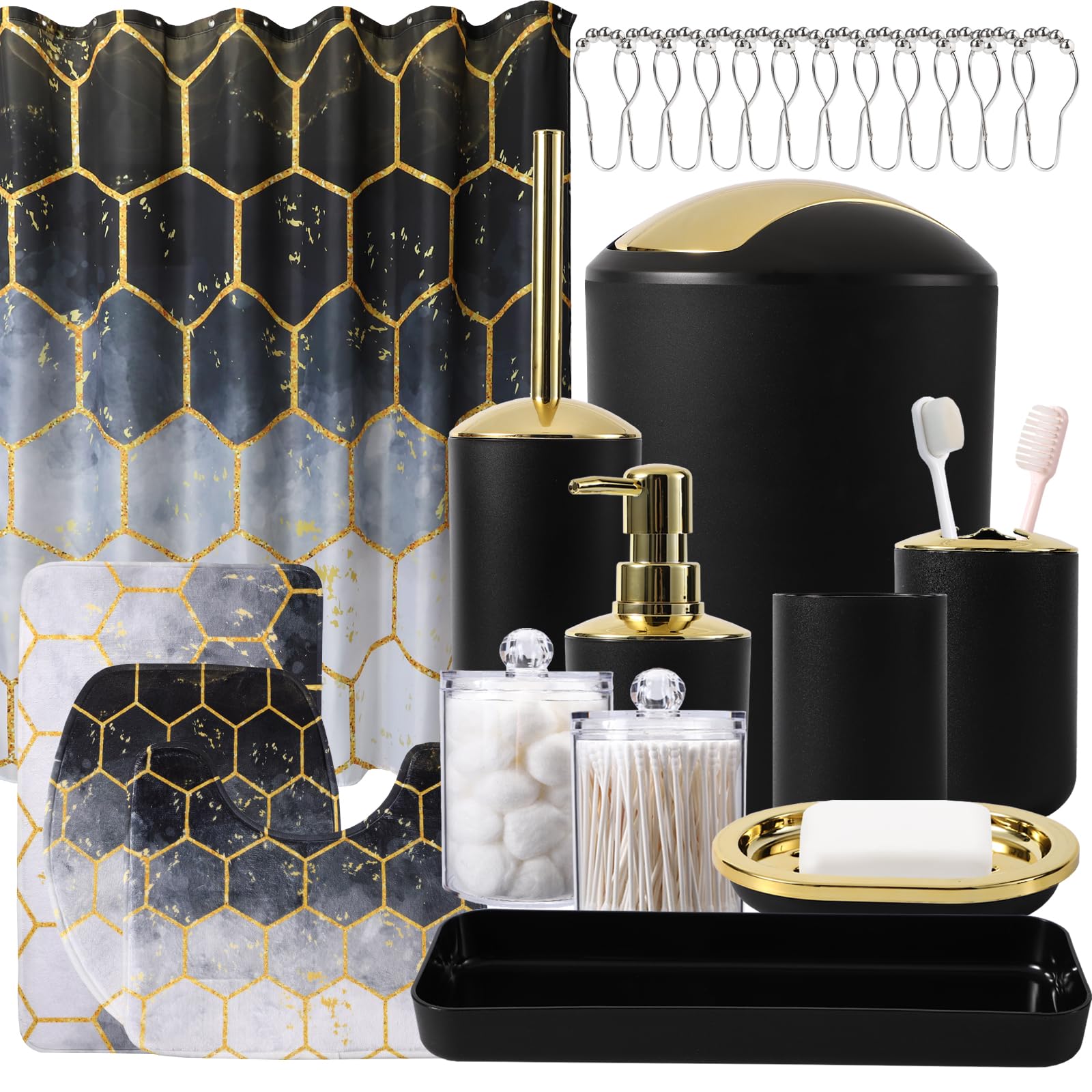Black Bathroom Set With Shower Curtain And Rugs 25Pcs Complete -Trash Can, Soap Dispenser, Soap Dish, Toilet Brush, Toothbrush H