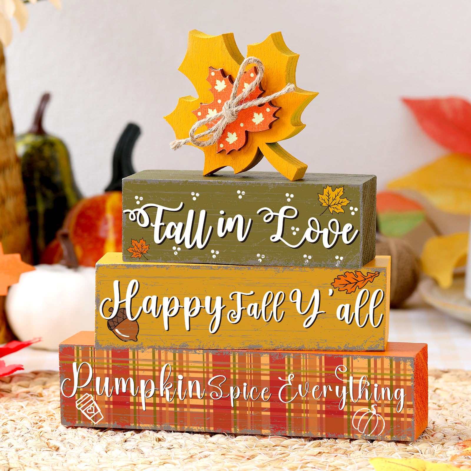 Geelin 4 Pcs Thanksgiving Decorations Fall Wooden Sign Maple Leaves Thanksgiving Pumpkin Table Centerpiece Tiered Tray Decor Fal