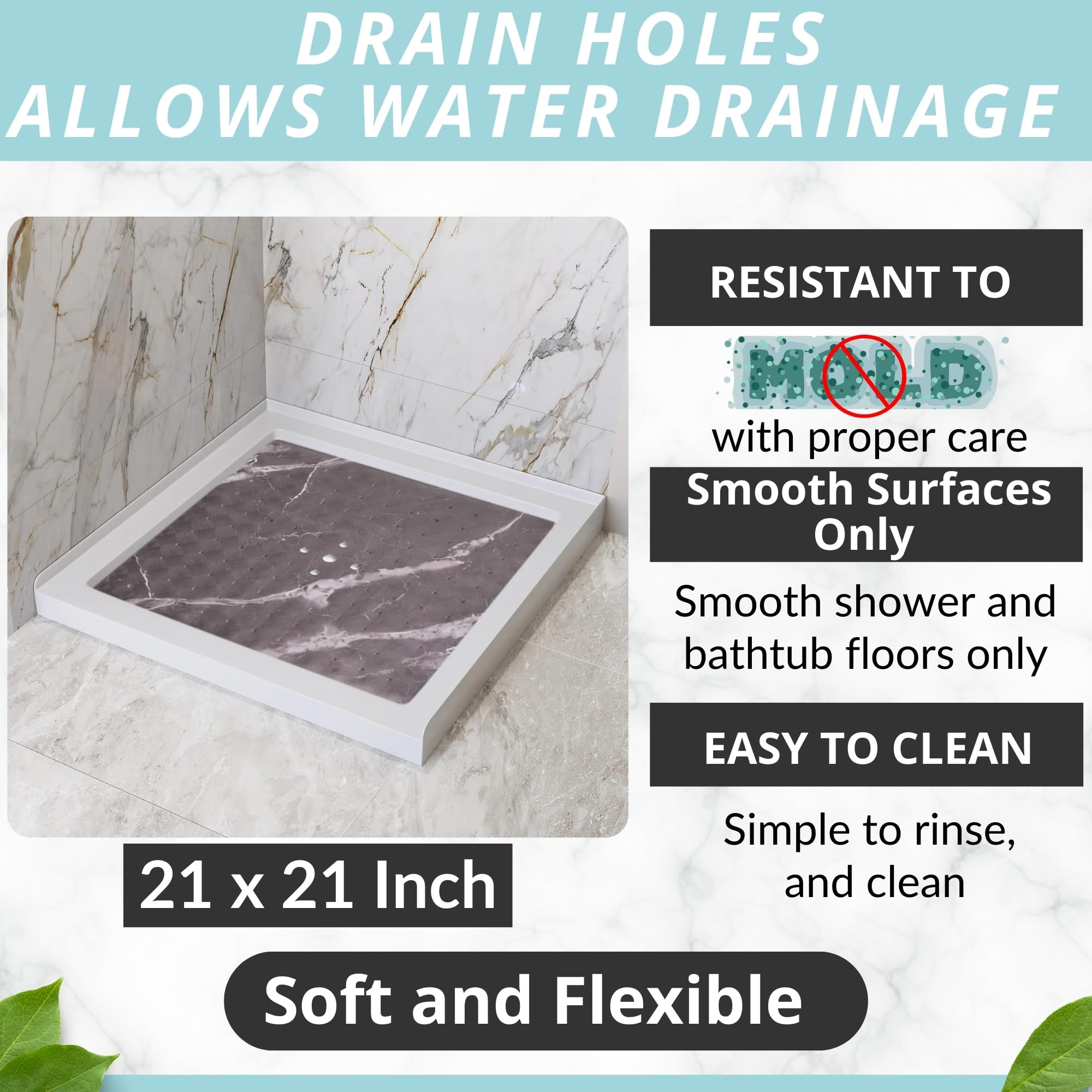 Square Shower Mat With Drain Hole - 21 X 21 Shower Mats For Inside Shower - Shower Mats For Showers Anti Slip For Elderly - Show