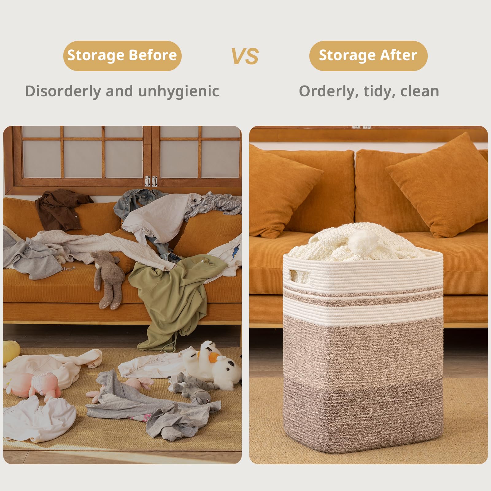 Oiahomy Rectangle Laundry Basket, Large Laundry Hamper With Handles, Cotton Blanket Basket For Living Room, Woven Decorative Sto