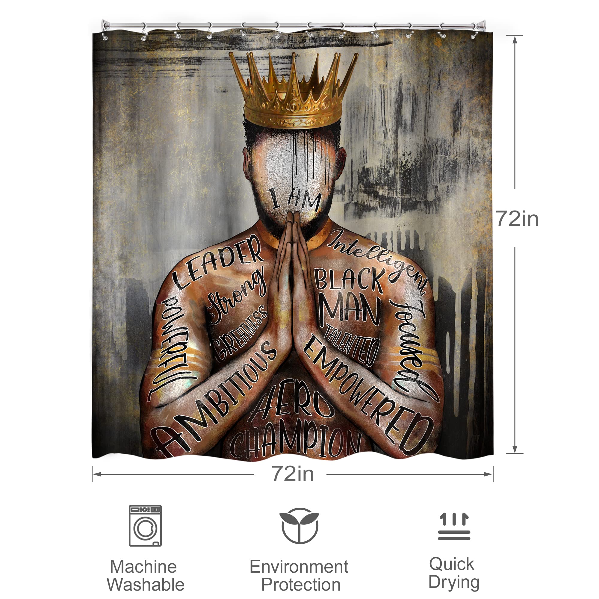 Omifly Black Mens Shower Curtain 72Wx72H Inch Black King African American Man Motivational Inspirational Quotes Phrases Portrait