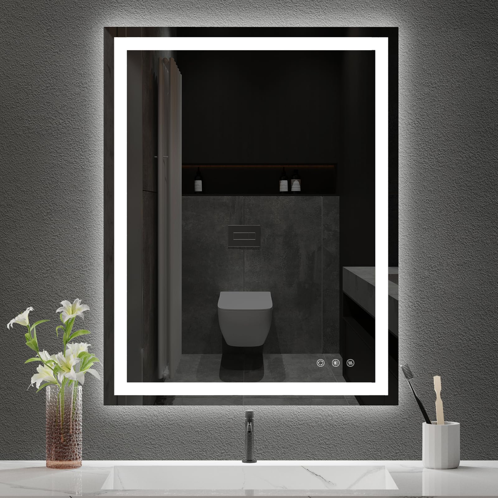 Besmirror 28X36 Inch Led Bathroom Mirror - Anti-Fog, Stepless Dimmable - Bathroom Mirror With Led Lights - 3 Color Led Mirror Fo
