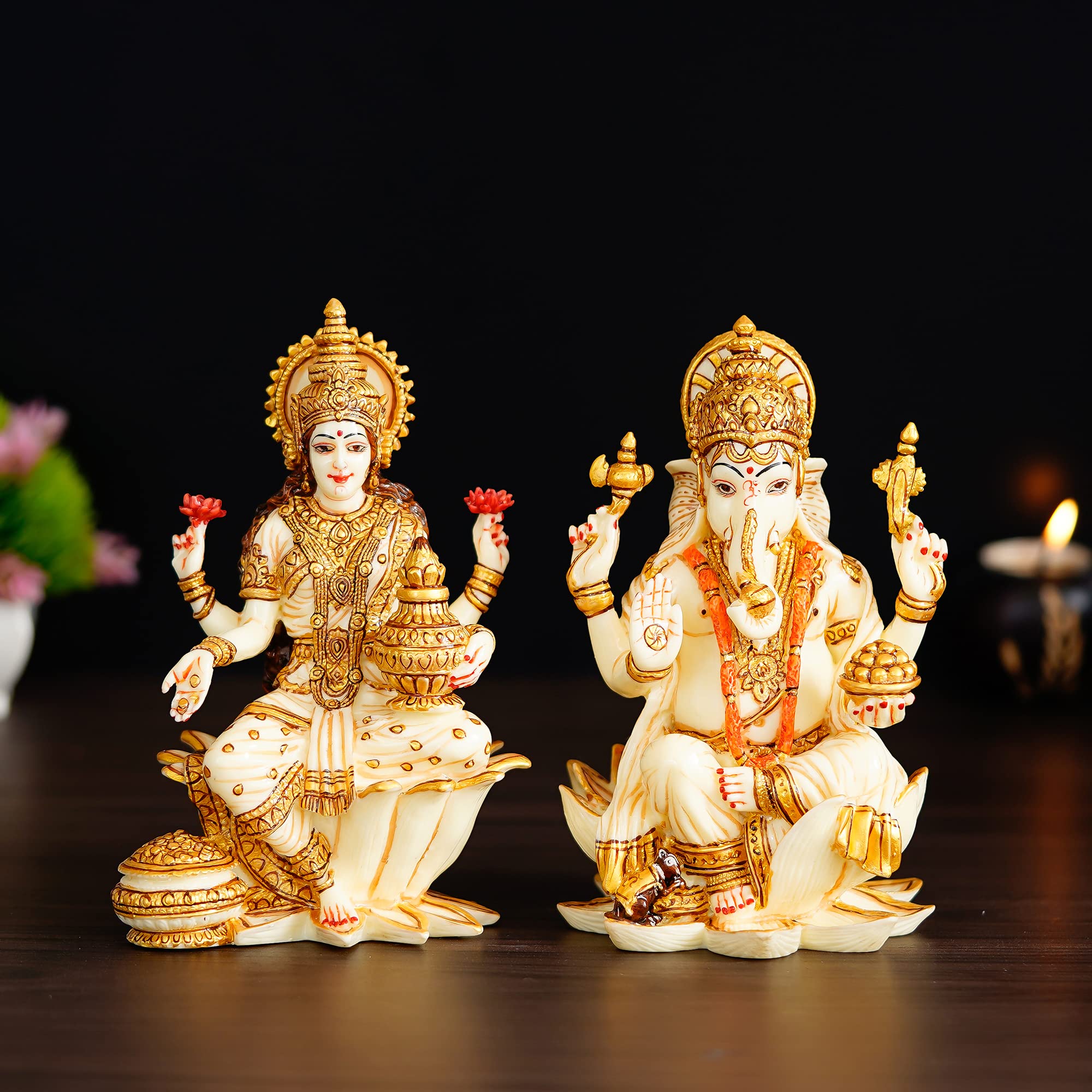 Shyam Antique Creation Goddess Lakshmi Ganesh Statue - Hand Painted Cultured Marble Pair Of Ganesha Idol Sculpture For Diwali Po