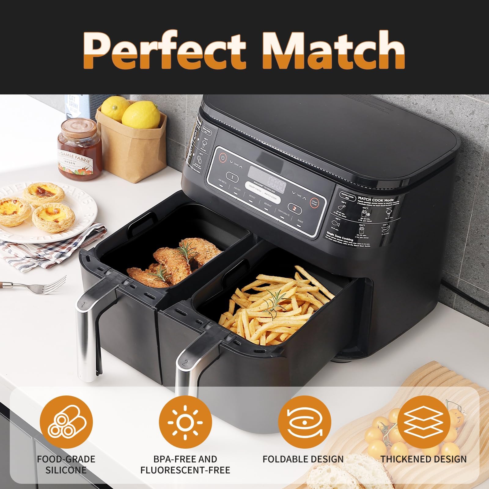 Vangerute Collapsible 2-Pack Air Fryer Silicone Liners For 10Qt Ninja Foodi Dual, Rectangular Air Fryer Silicone Pot, Reusable S