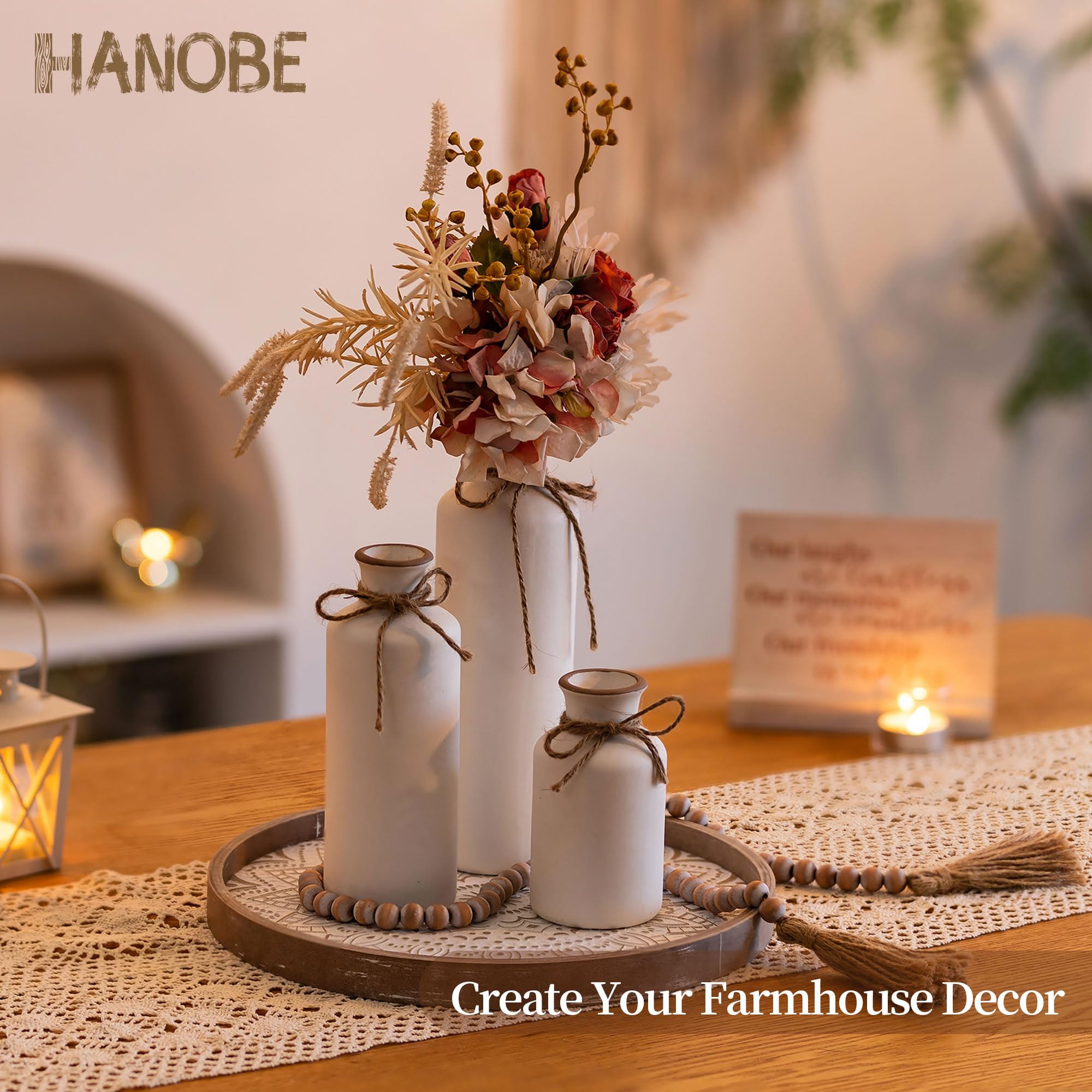 Hanobe Round Decorative Coffee Tray: Rustic Table Tray Decor Farmhouse Centerpiece Wood Circle Tray Floral Serving Trays for Kitchen Counter Boho Ottoman Tray for Home  Brown