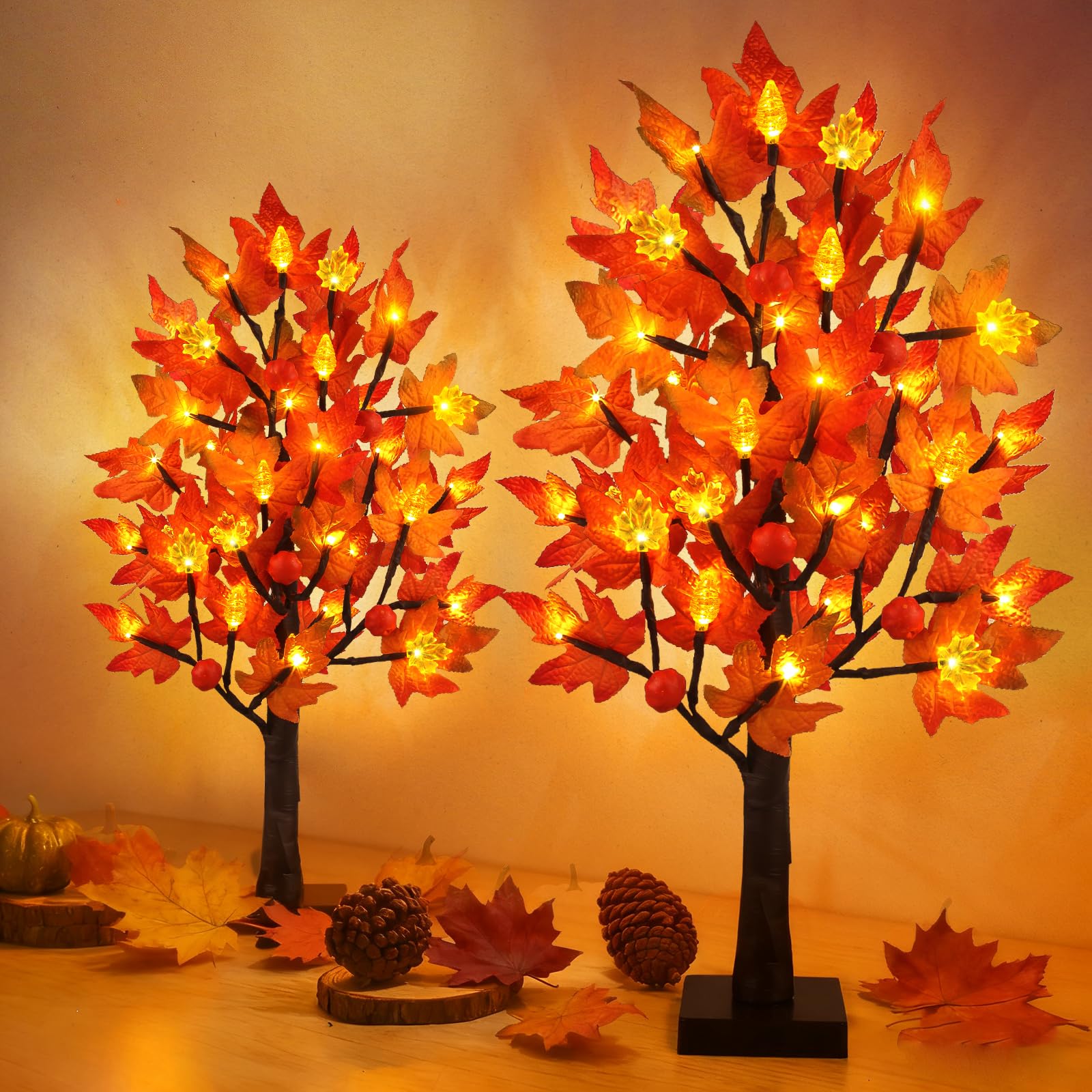 2 Pack 24 Inch Prelit Fall Maple Tree Decorations with 48 LEDs Timer Fall Battery Operated Light Up Artificial Pumpkin Acorn Lig