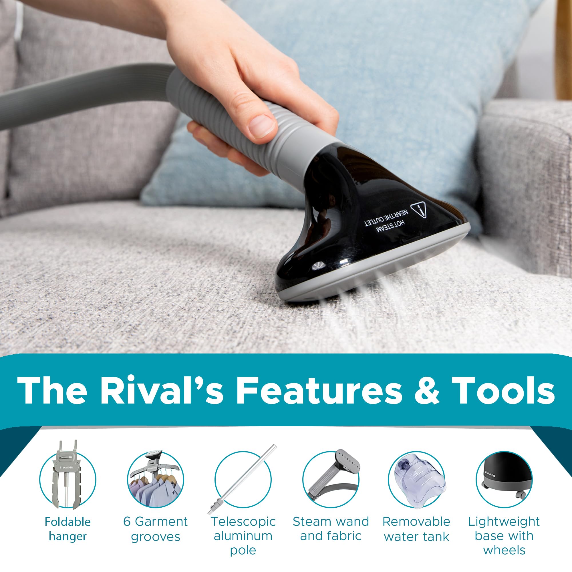 Steam & Go - The Rival Handheld Steamer - Upright Fabric Steamer for Clothes, Garments, Curtains, Bedding & Upholstery - Quick-H