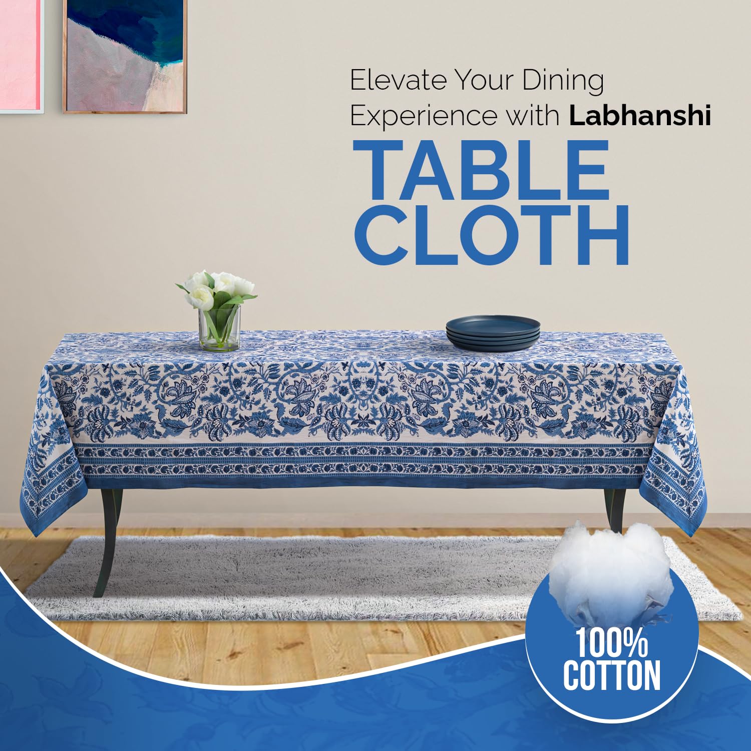 Labhanshi Indian Block Print Table Cloth|Jaipur Rectangle Floral Cotton Table Cover 60X90 Inch 6-Seater Spring Easter Kitchen Di