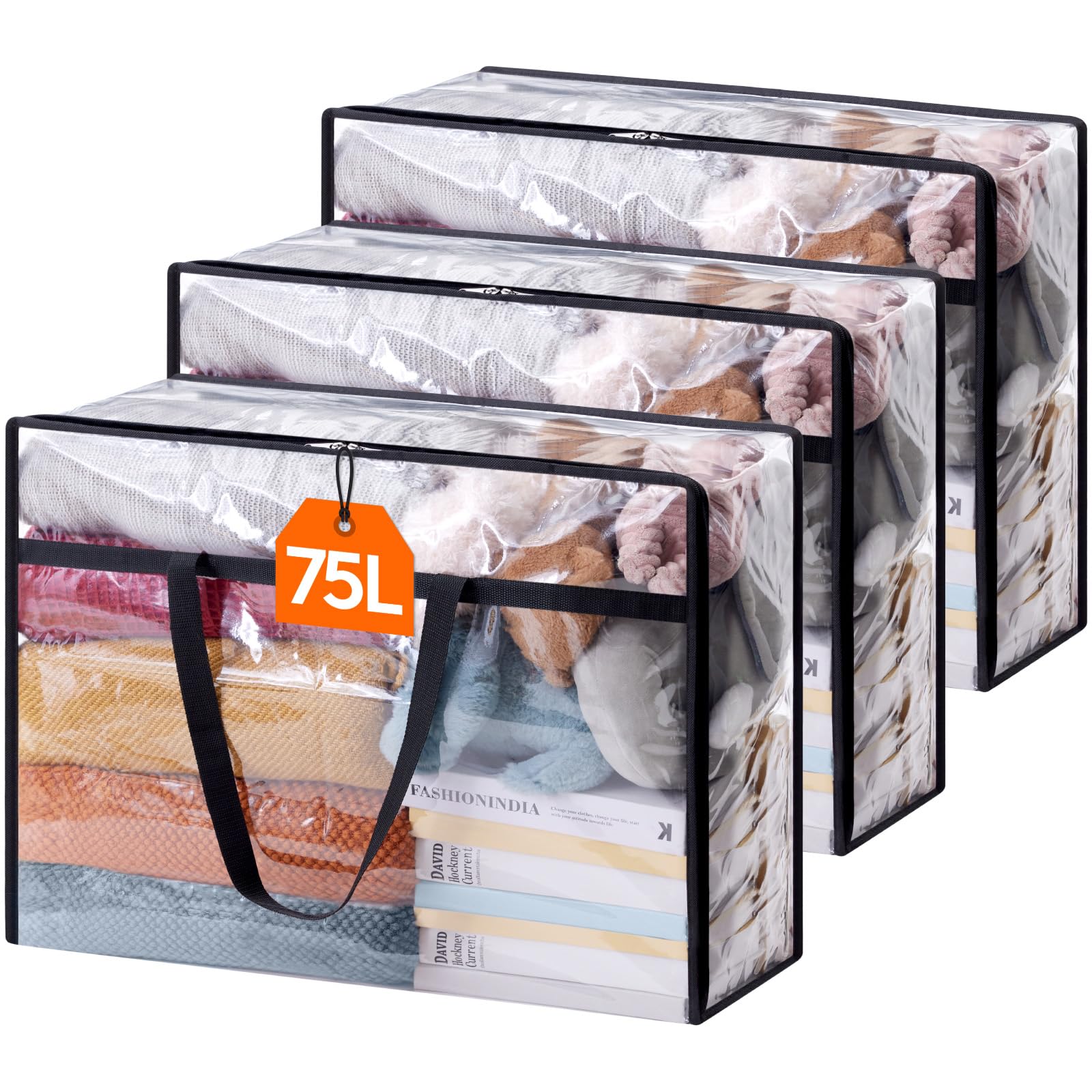 Lifewit 3 Pack Clear Clothes Storage Bags, 75L Large Plastic Blanket Storage, Vinyl Foldable Moving Bags with Zipper, Closet Org