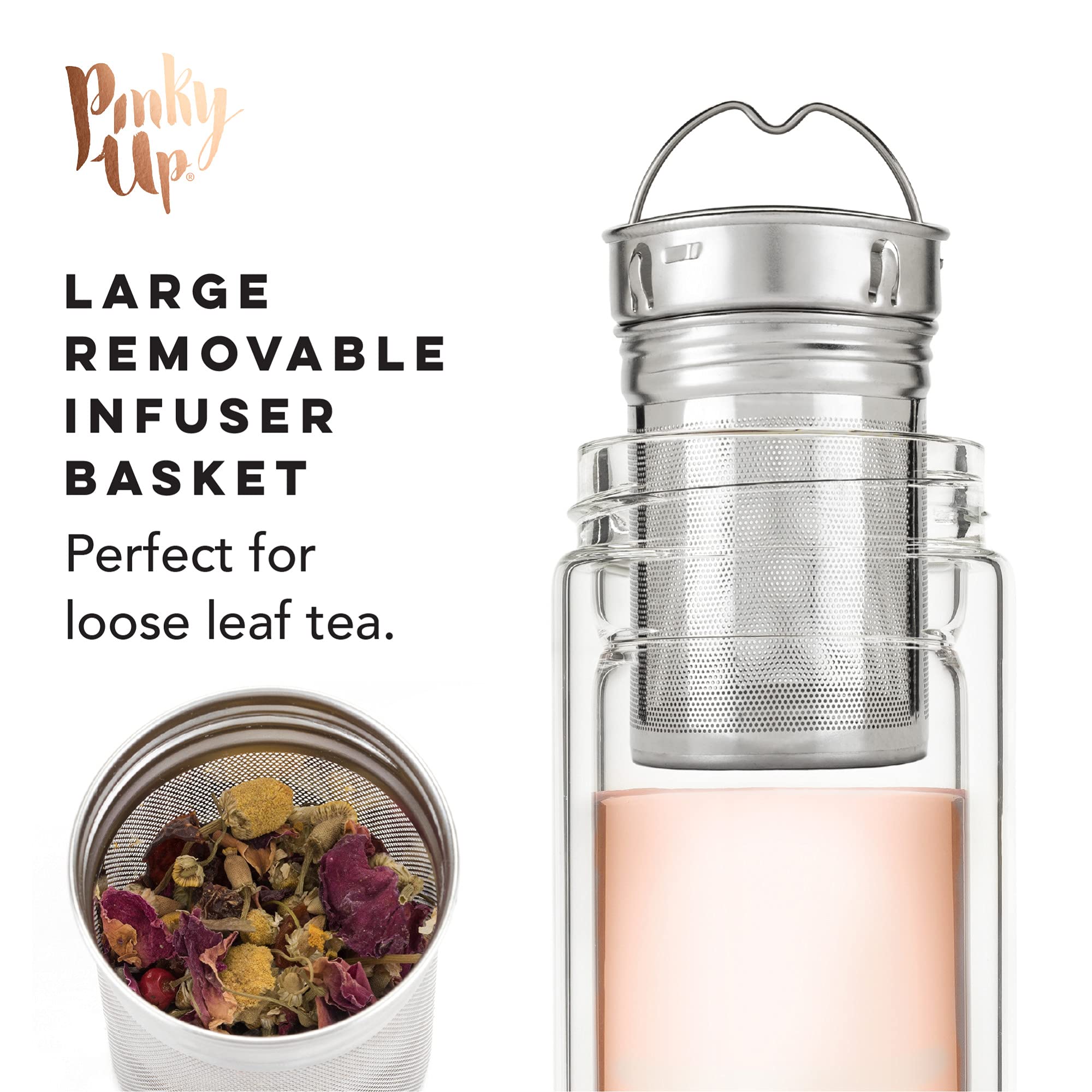 Pinky Up Dylan Travel Tea Infuser Mug, 16 oz Double Walled Insulated, Rose Gold, with Loose Leaf Strainer