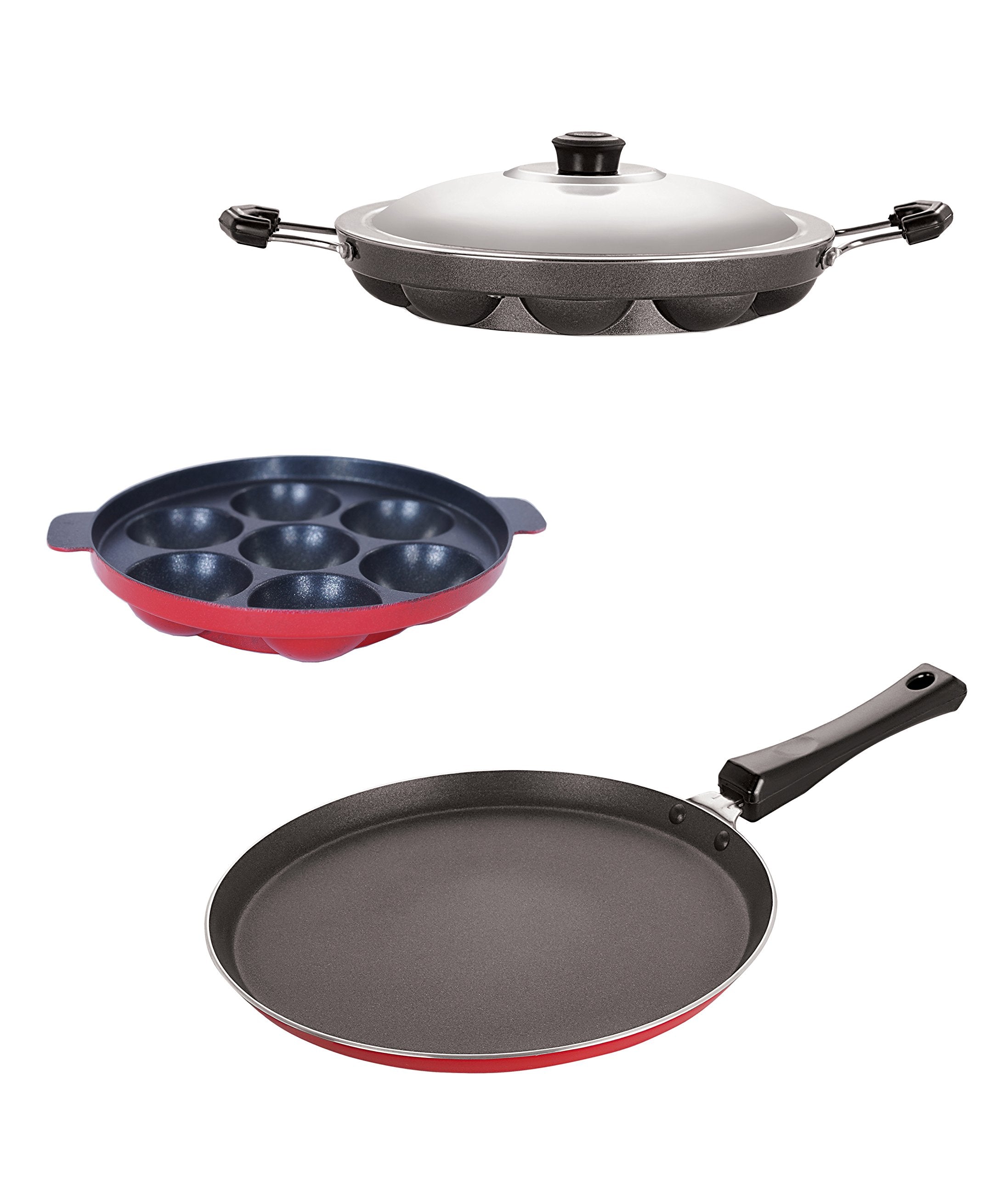 Nirlon Odor Free 3 Layer NonStick Coated Appam And Dosa Tawa Combo Cooking Item Set, 2.6Mm_Ft10_Ap(7)_Ap(12)