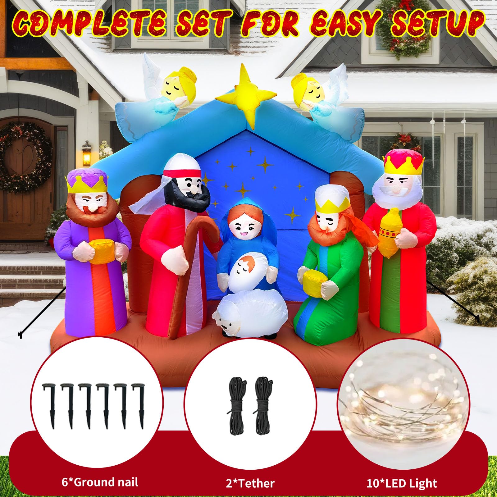 SRANWOW 8 FT Christmas Inflatable Nativity Scene Outdoor Decorations with 10 LED Lights Christmas Blow Up Yard Decoration Holida