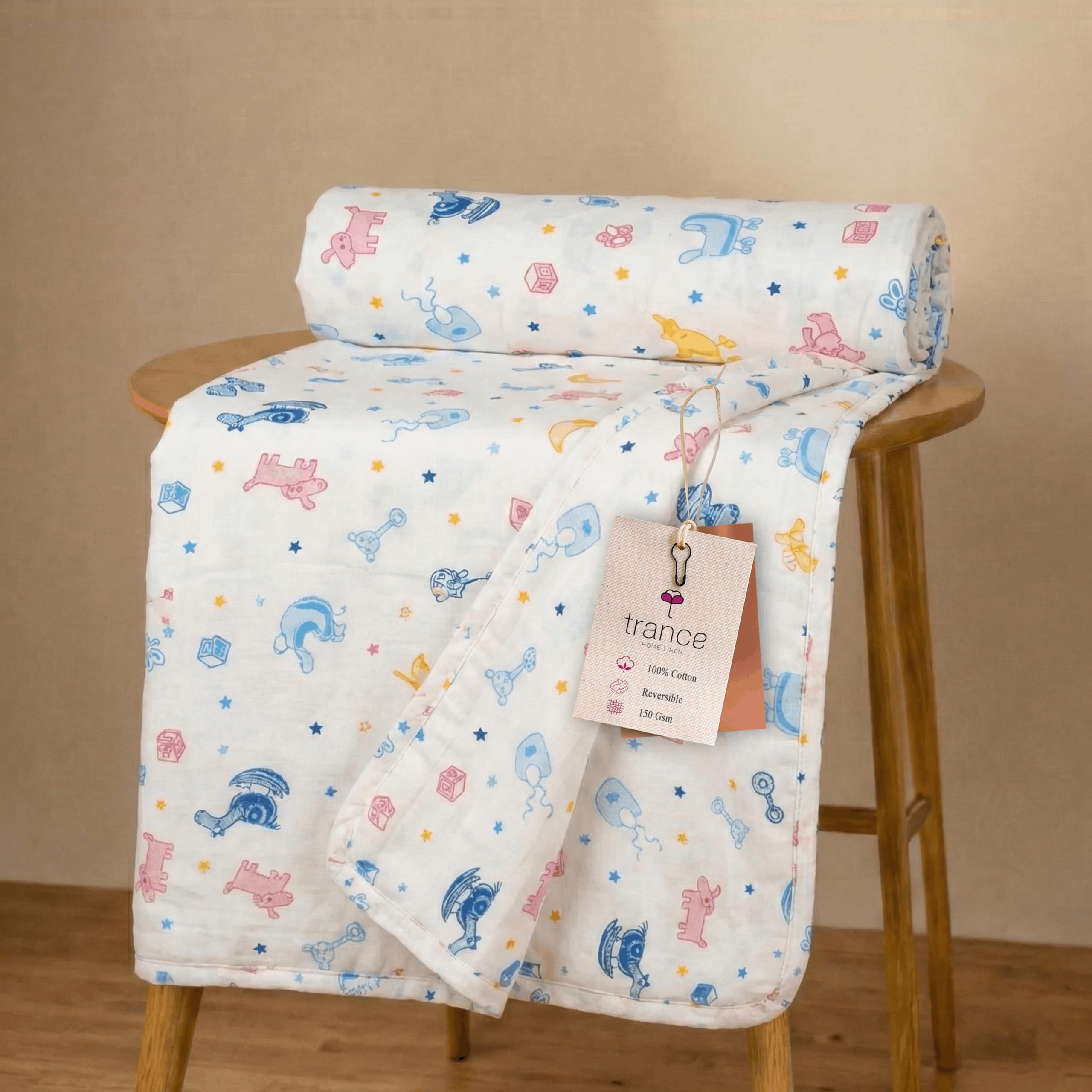 Trance Home Linen Pure Malmal Cotton Multipurpose Baby Dohar | 3Layered Baby Swaddle | Soft Lightweight Baby Blanket | Crib Bl
