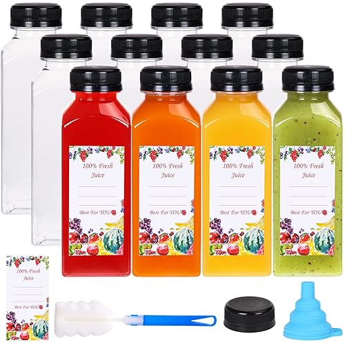 SUPERLELE 12pcs 12oz Plastic Juice Bottles with Black Tamper Evident Caps  Reusable Clear Juice Containers with Labels  Funnel and Brush for Juicing  Smoothie  Milk and Homemade Beverages