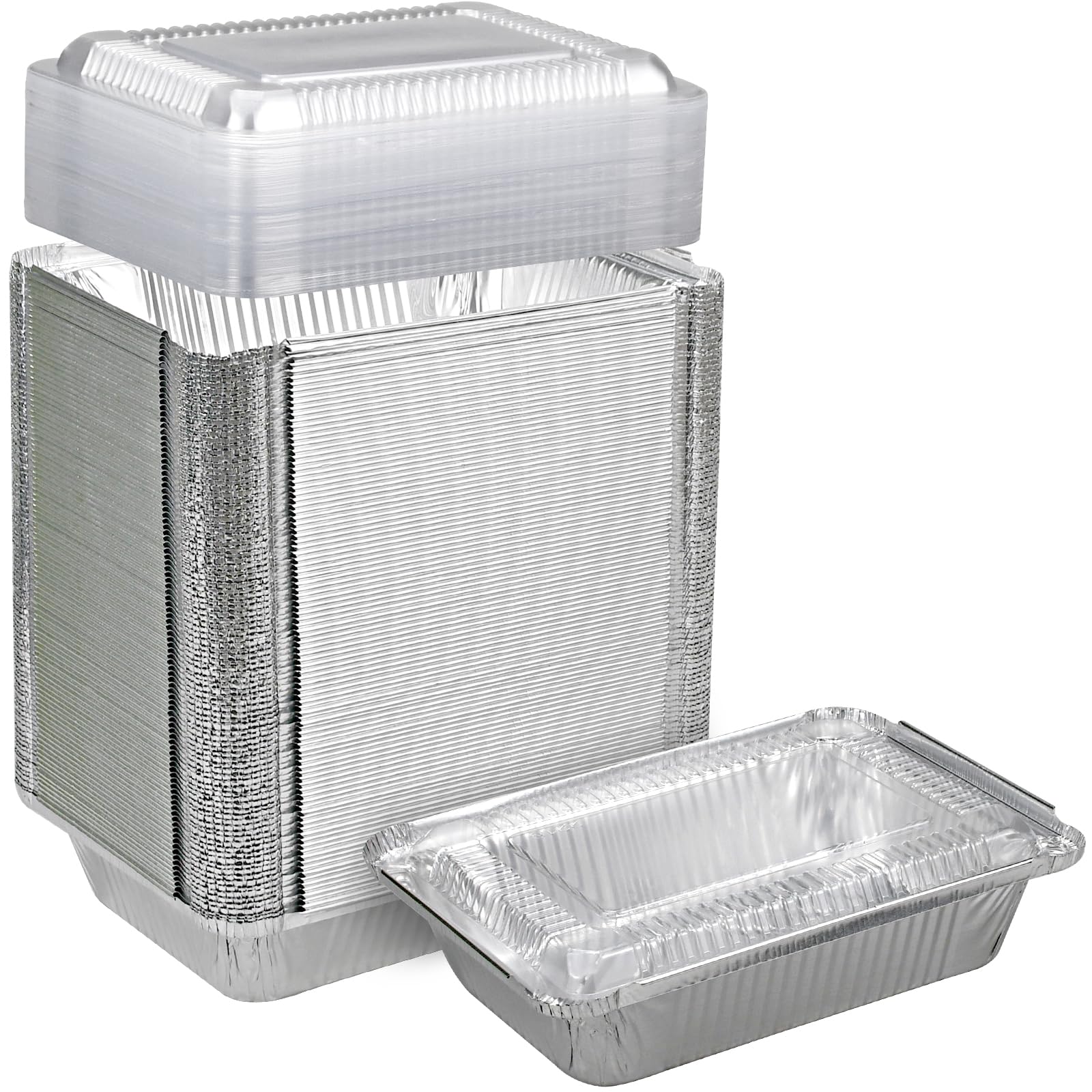 Aluminum Pans With Platsic Lids (50-Pack, 8.56) 2.25 Lb Capacity Foil Food Containers With Lids - 50 Pans And 50 Platsic Covers 