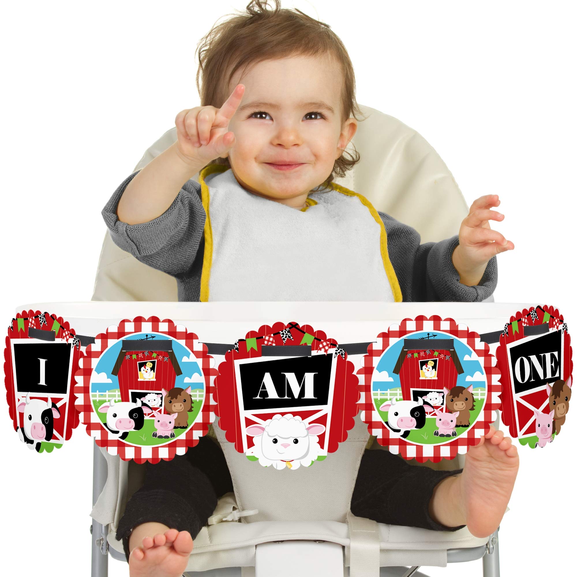 Big Dot Of Happiness - Farm Animals 1Rst Birthday Highchair Decor - I Am One - First Birthday High Chair Banner