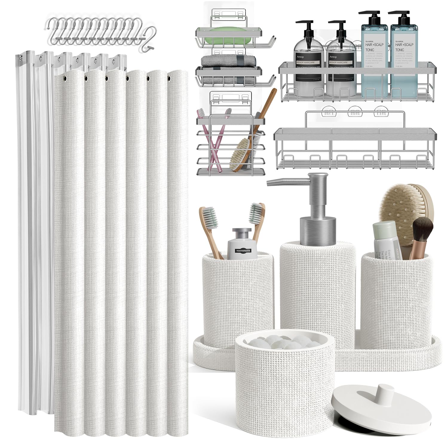 Clara Clark Bathroom Set - White Bathroom Accessories Set, 24PC Bathroom Accessory Set, Bathroom Sets with Shower Curtain Set, A