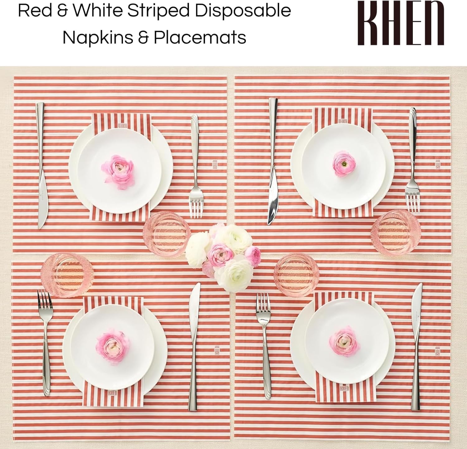 Tonal Striped Disposable Napkin Set in Stripe Red, 50 Pieces